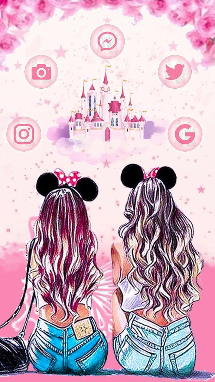 Two Girls Sitting In Front Of A Castle With Mickey Mouse
