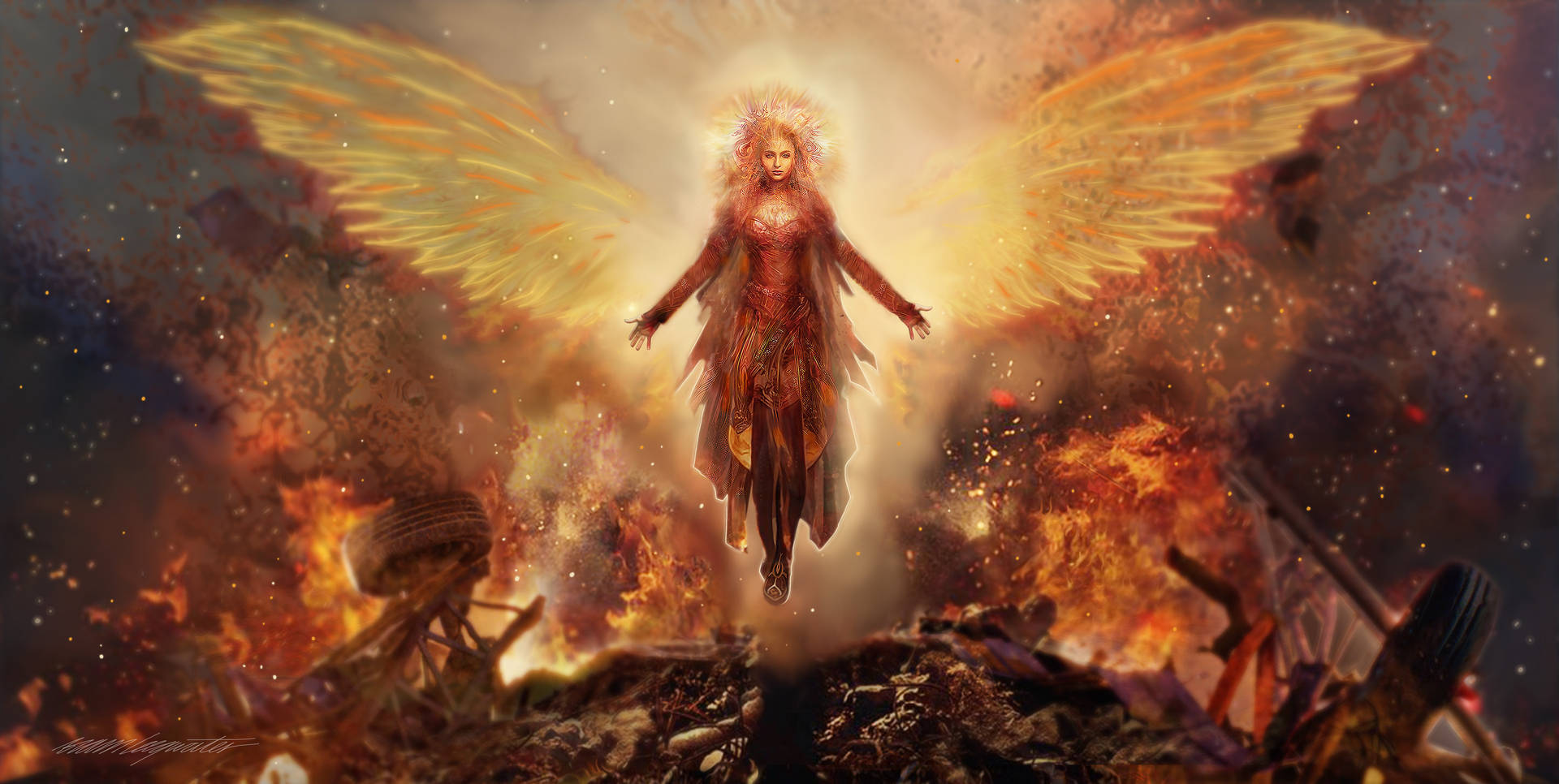 Bewitching Angel With Fire Wings Wallpaper