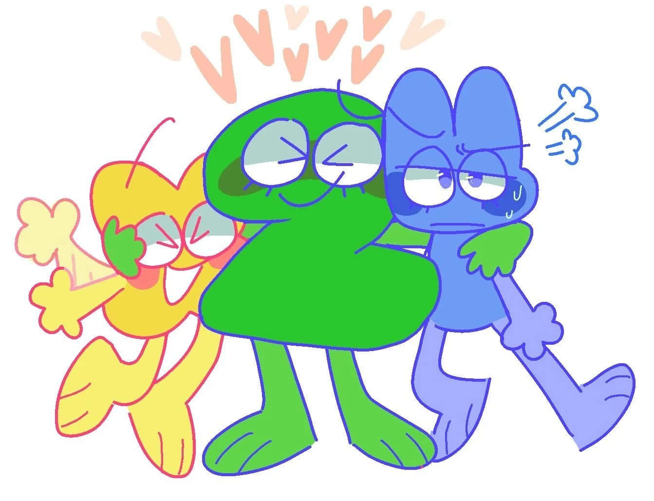Et tegneserie af tre tegneseriefigurer, der krammer under en regnbue.