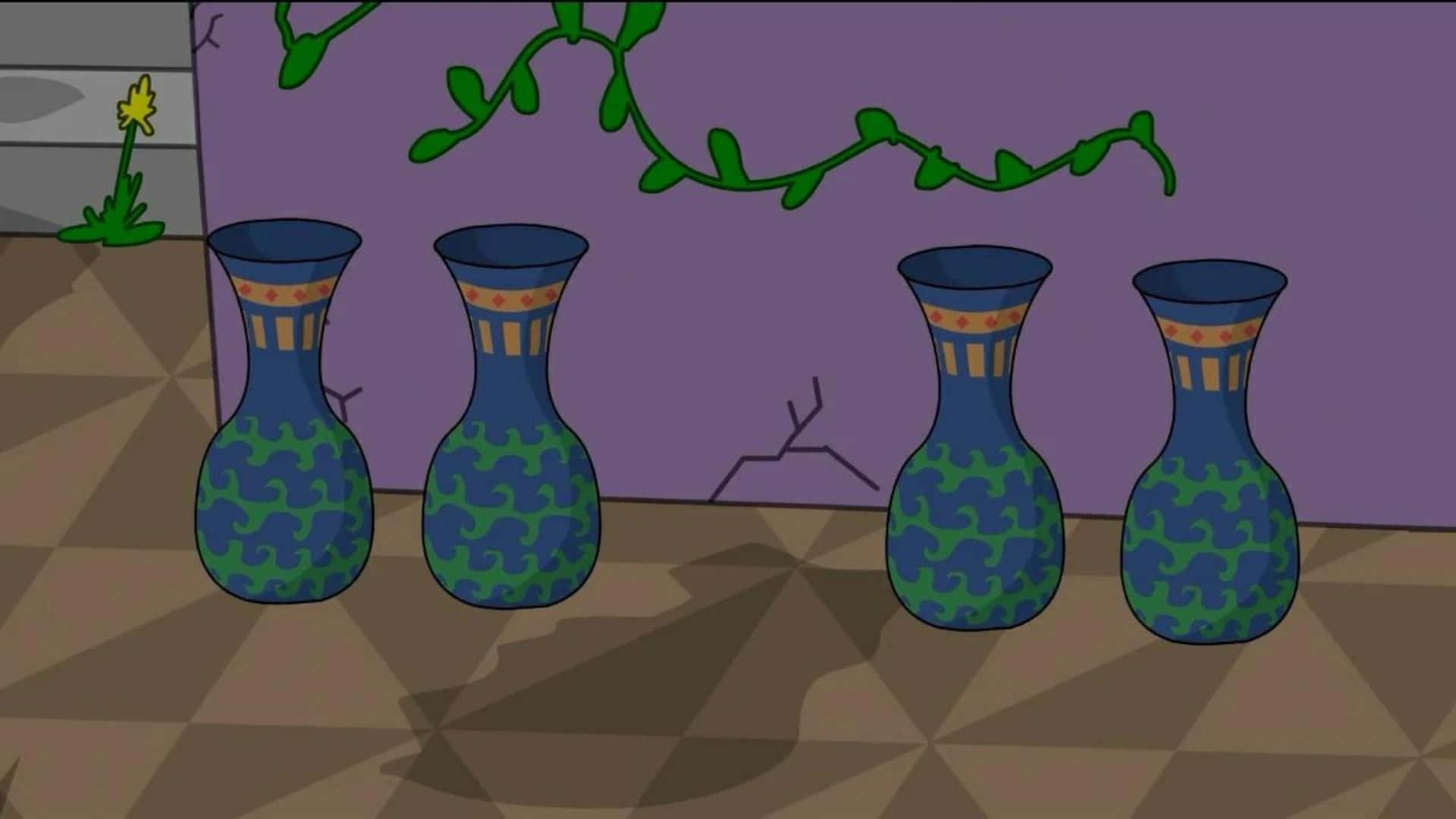 En tegneseriefigur af vaser i et rum