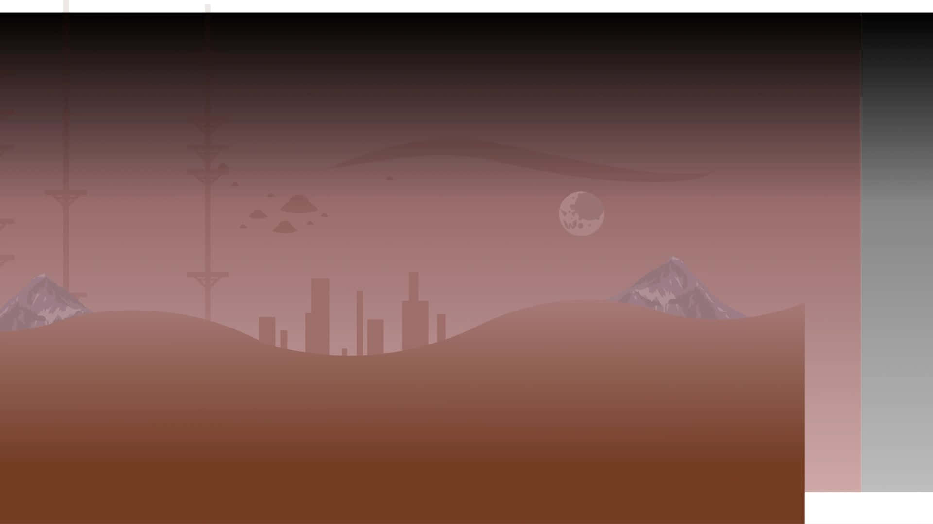 En tegneserie landskab med bjerge og en by i baggrunden