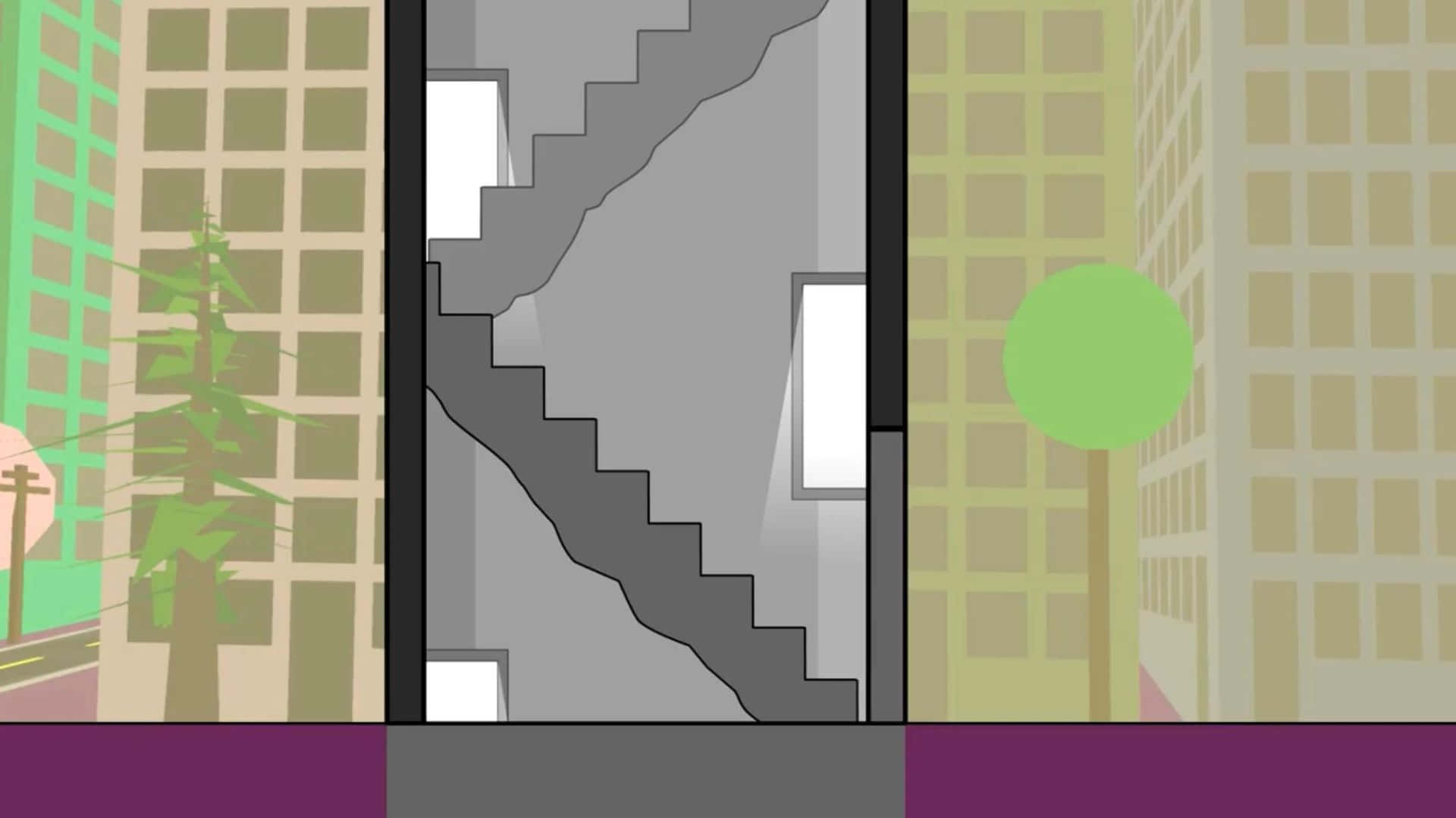 Et tegneserie af en by med en trappe i forgrunden