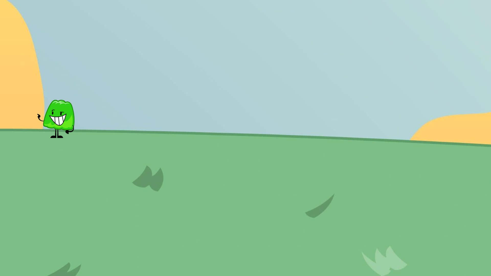 En grøn tegnefilmfigur står i en mark af margueritter.