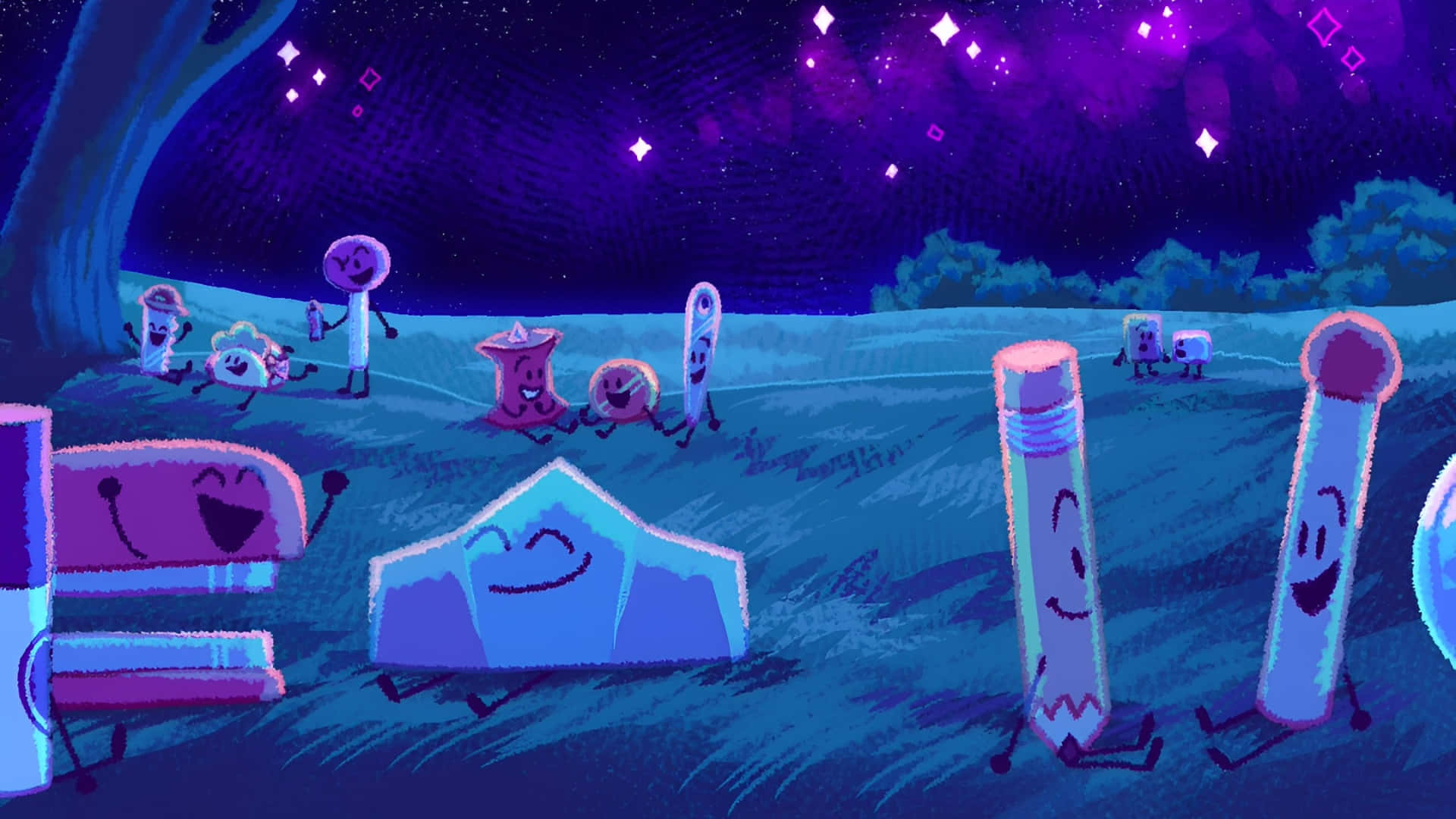 Personajes Bfdi Bajo Un Cielo Estrellado Fondo de pantalla