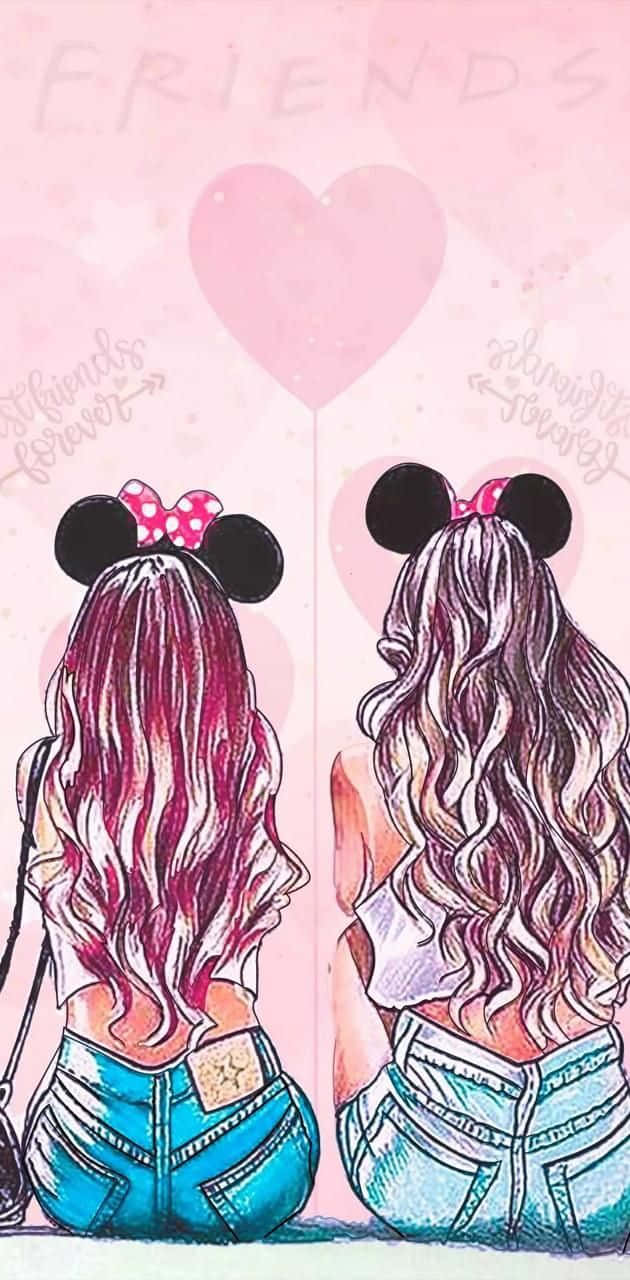 Two Girls With Mickey Ears Sitting In Front Of A Pink Heart Wallpaper