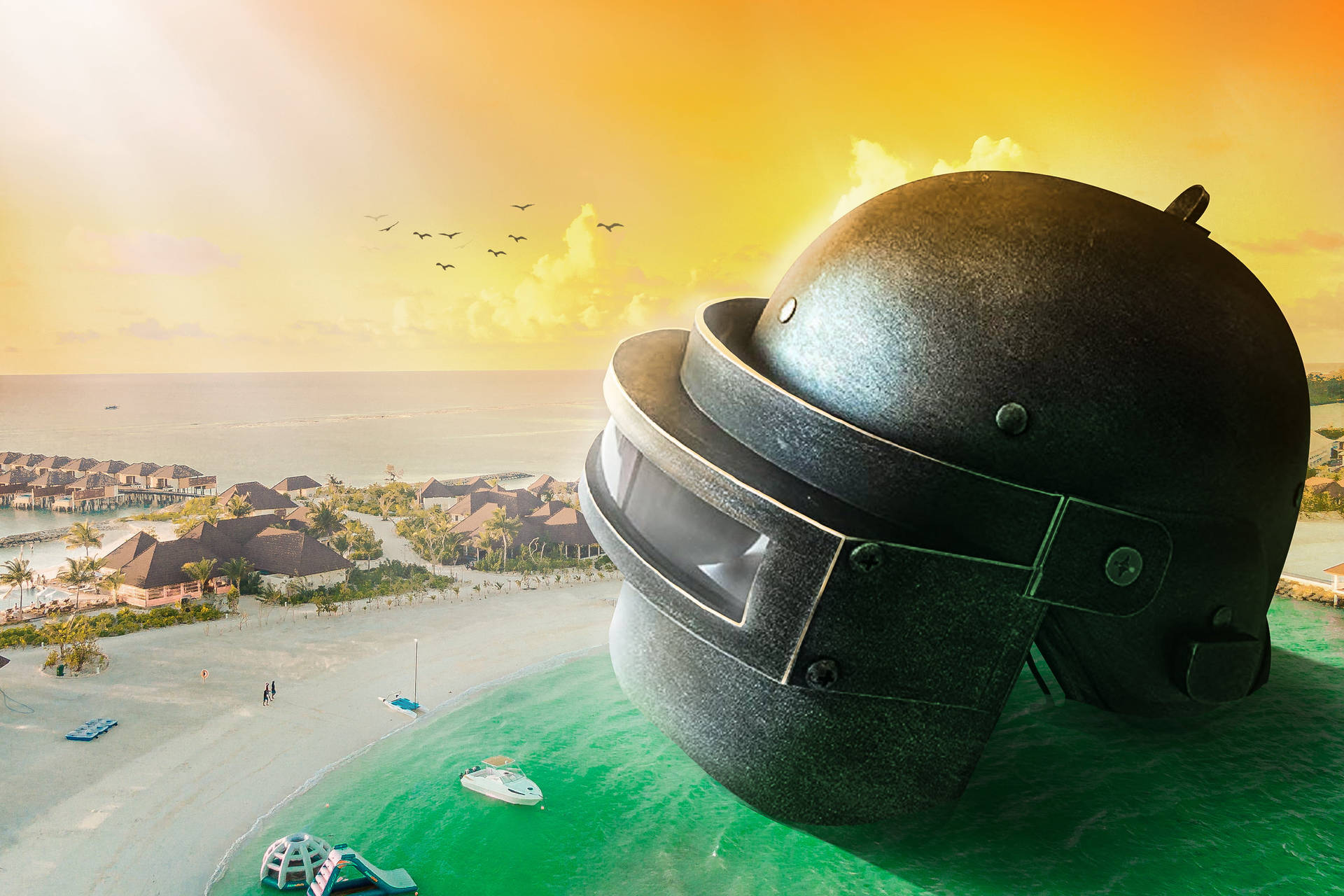 Bgmi Giant Helmet On Beach Background