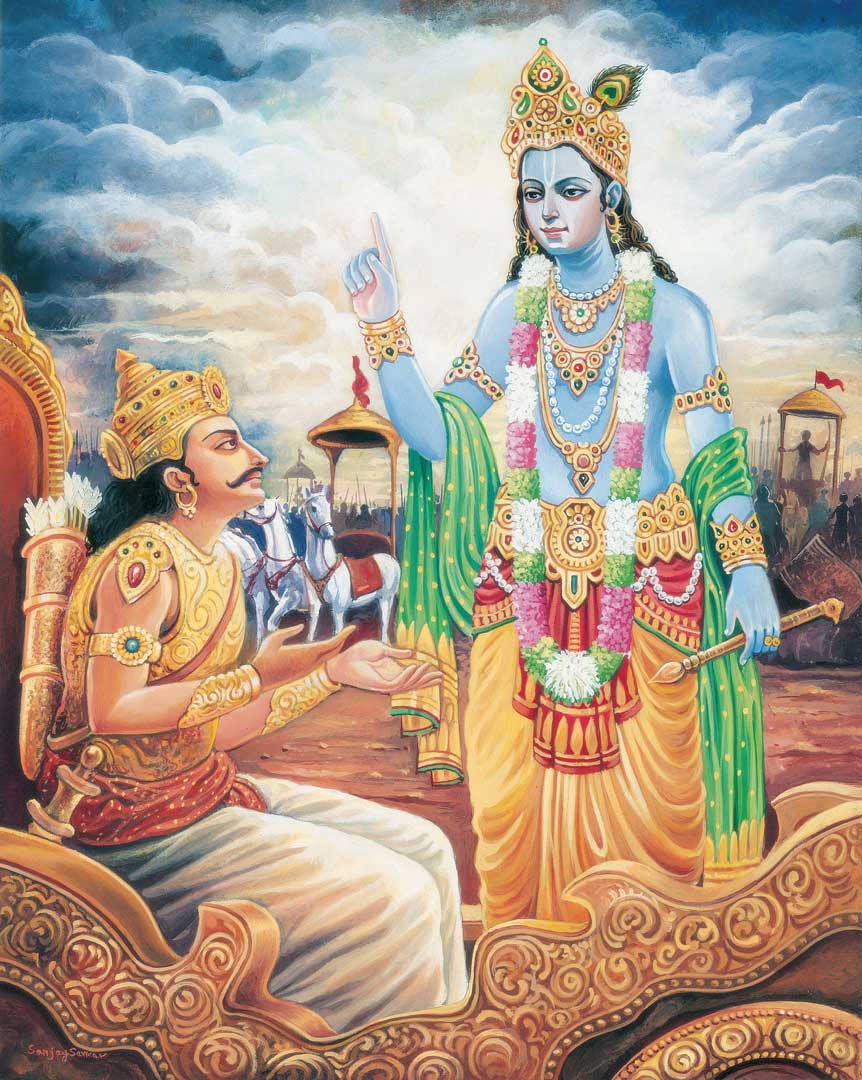Artegráfico De Bhagavad Gita De Arjuna Y Krishna. Fondo de pantalla