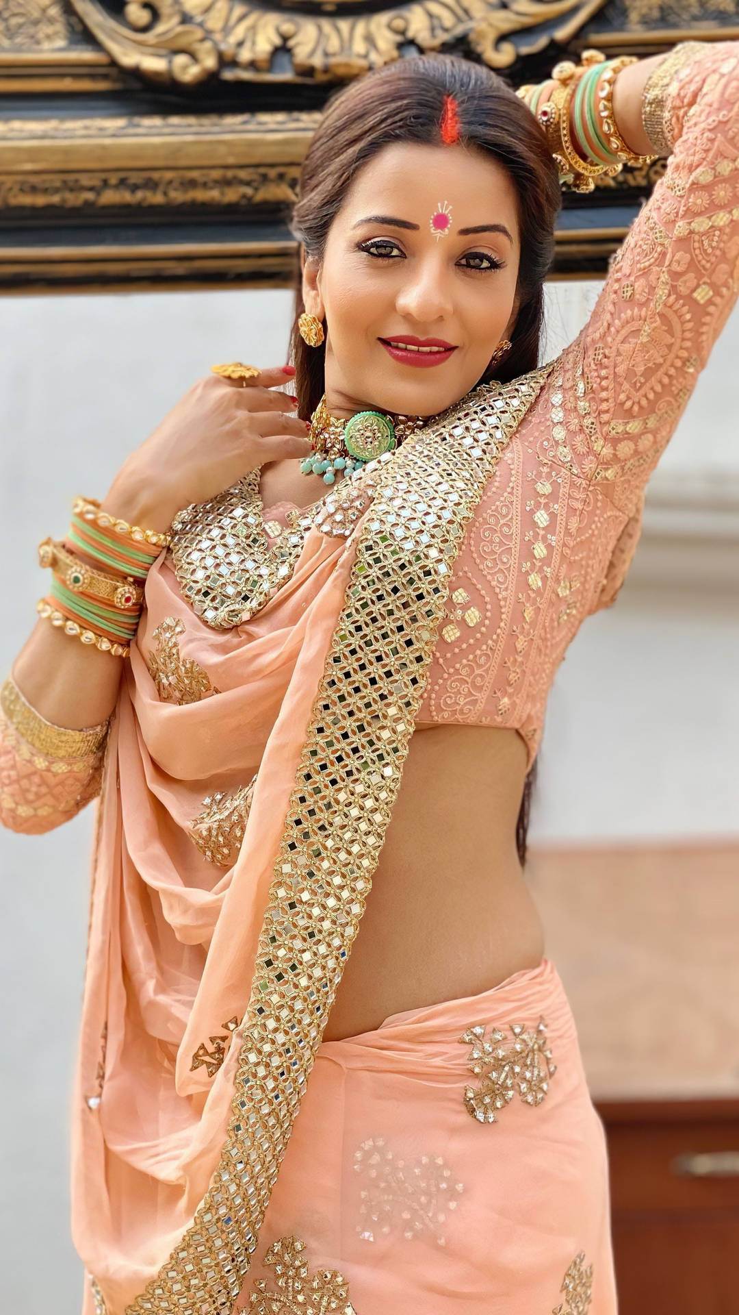Download Bhojpuri Actress Wearing Peach Dress Wallpaper 