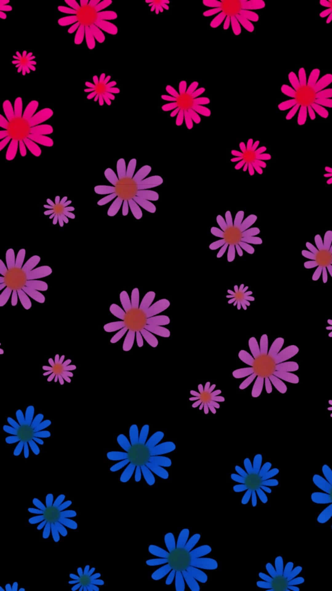 A Black Background With Pink And Blue Flowers