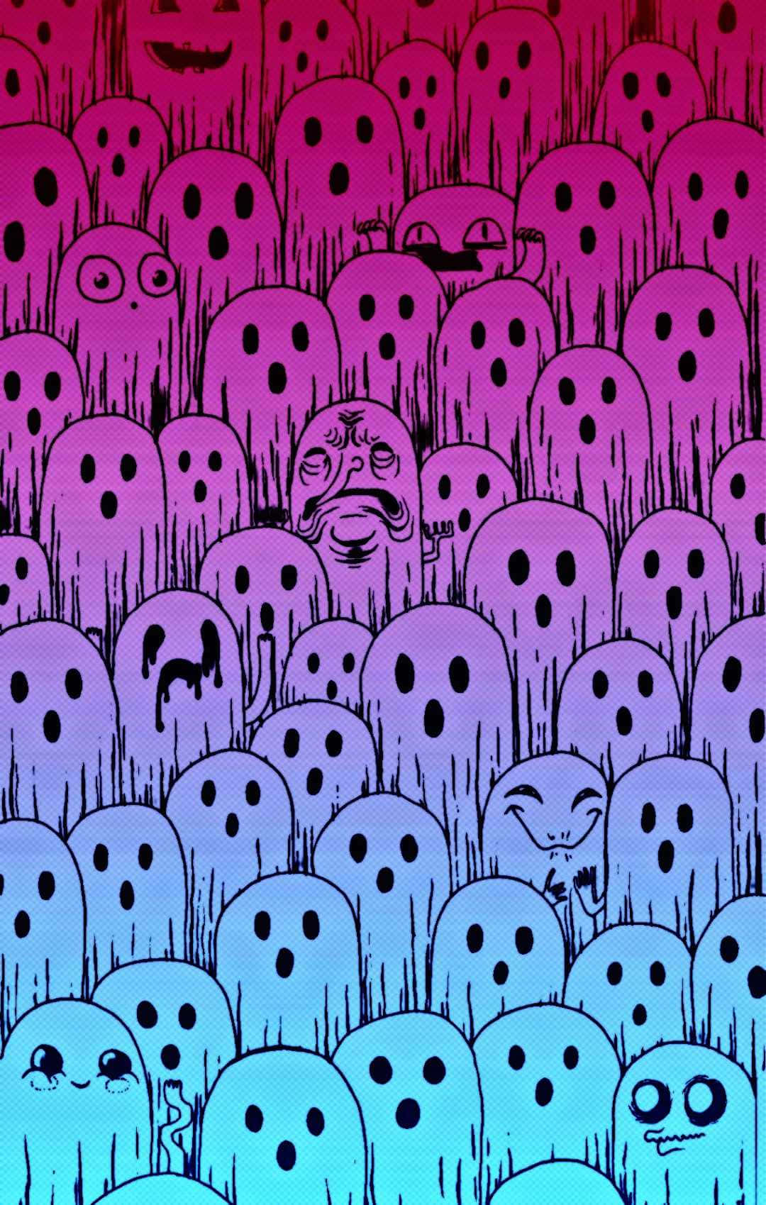 A Group Of Ghosts In A Purple And Blue Background