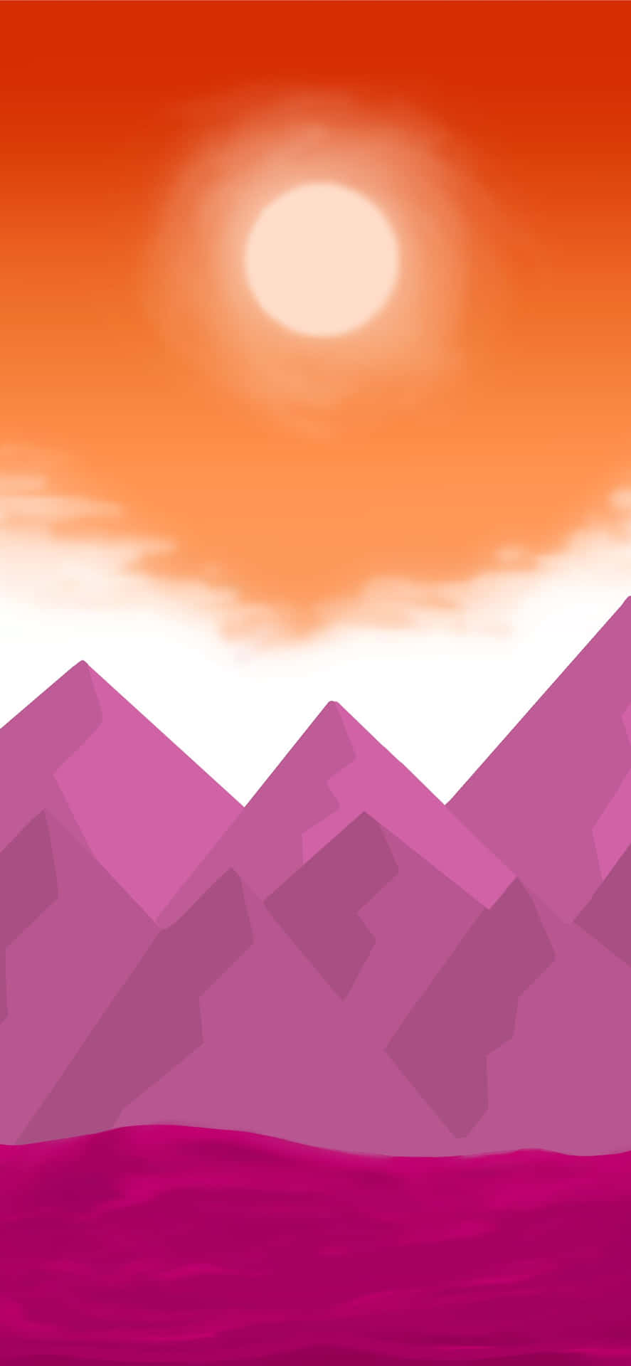 A Purple And Pink Mountain Landscape With A Sun