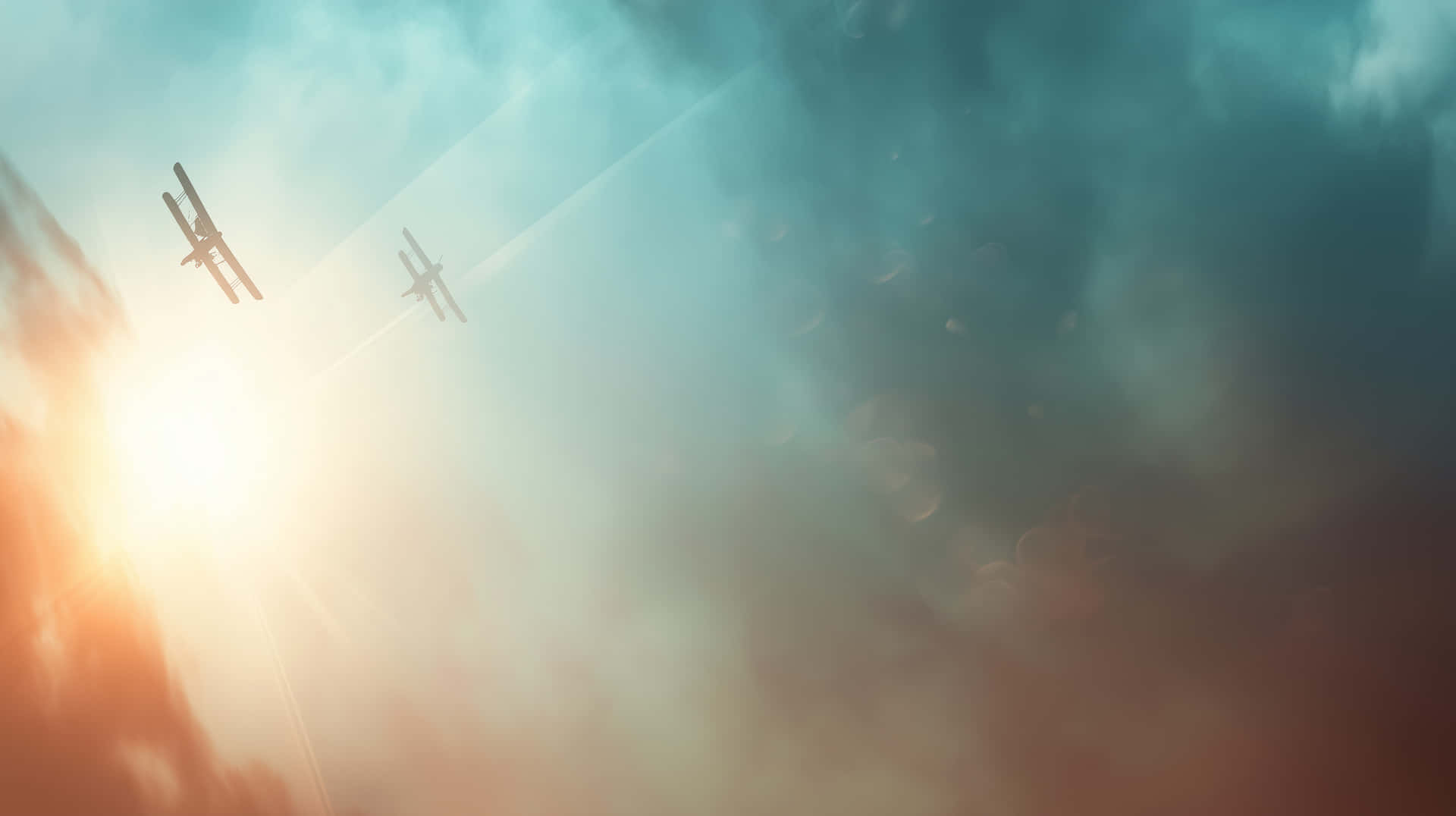 Bi-planes Soaring Through Dynamic Sky With Sunbeams Wallpaper