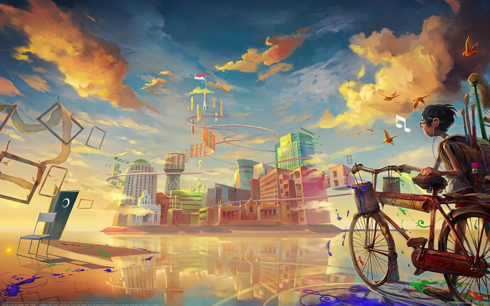 Bicycle In Fantasy City Art Wallpaper