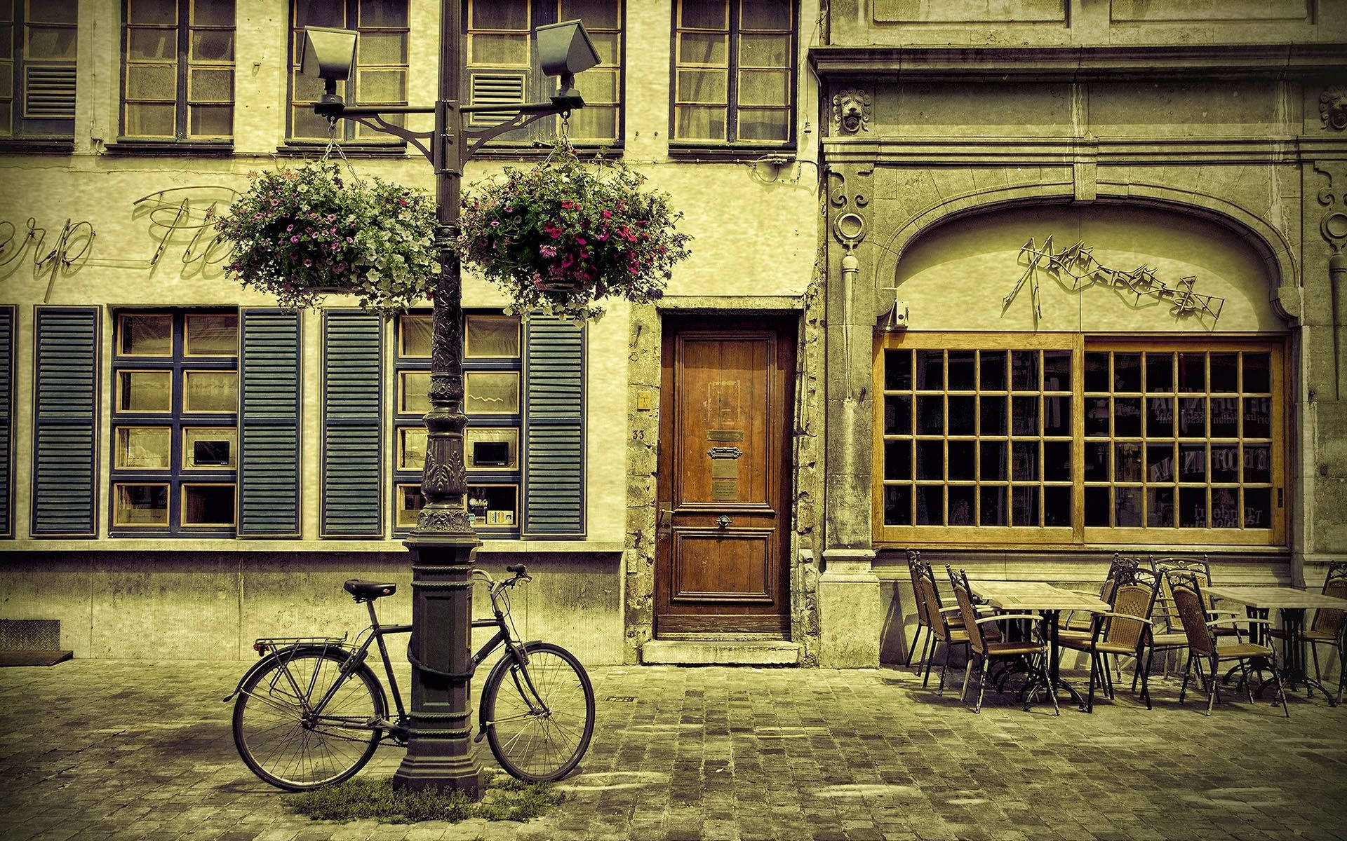 Bicycle Outside Coffee Shop Wallpaper