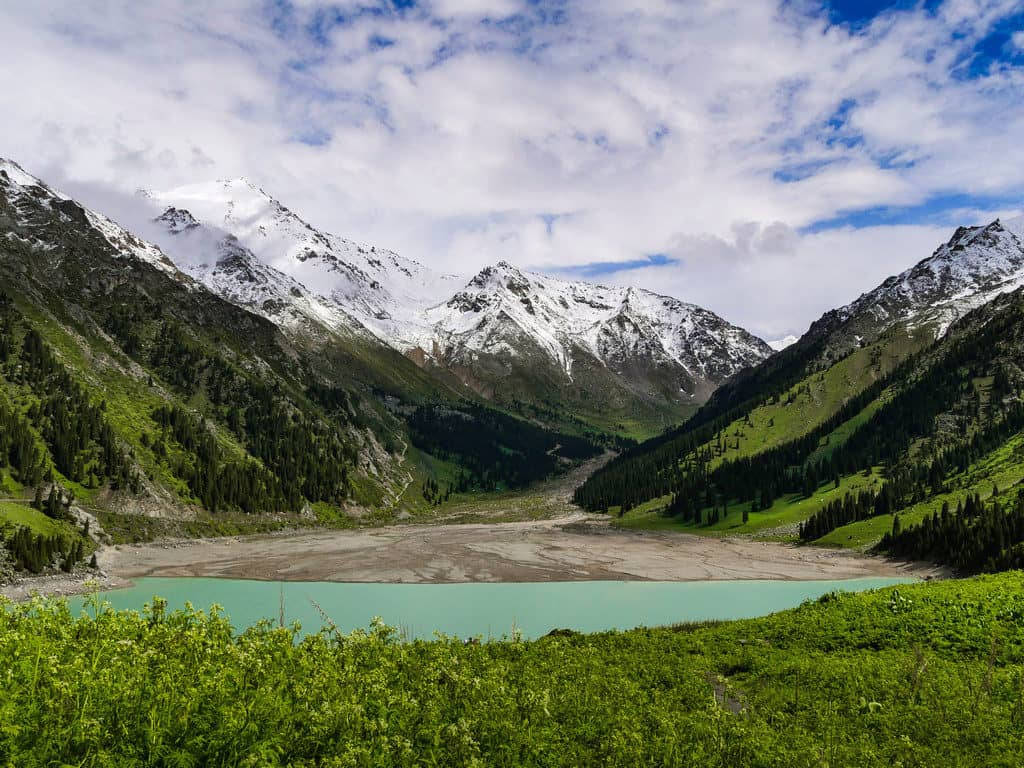 Big Almaty Lake Against Green Mountains Wallpaper