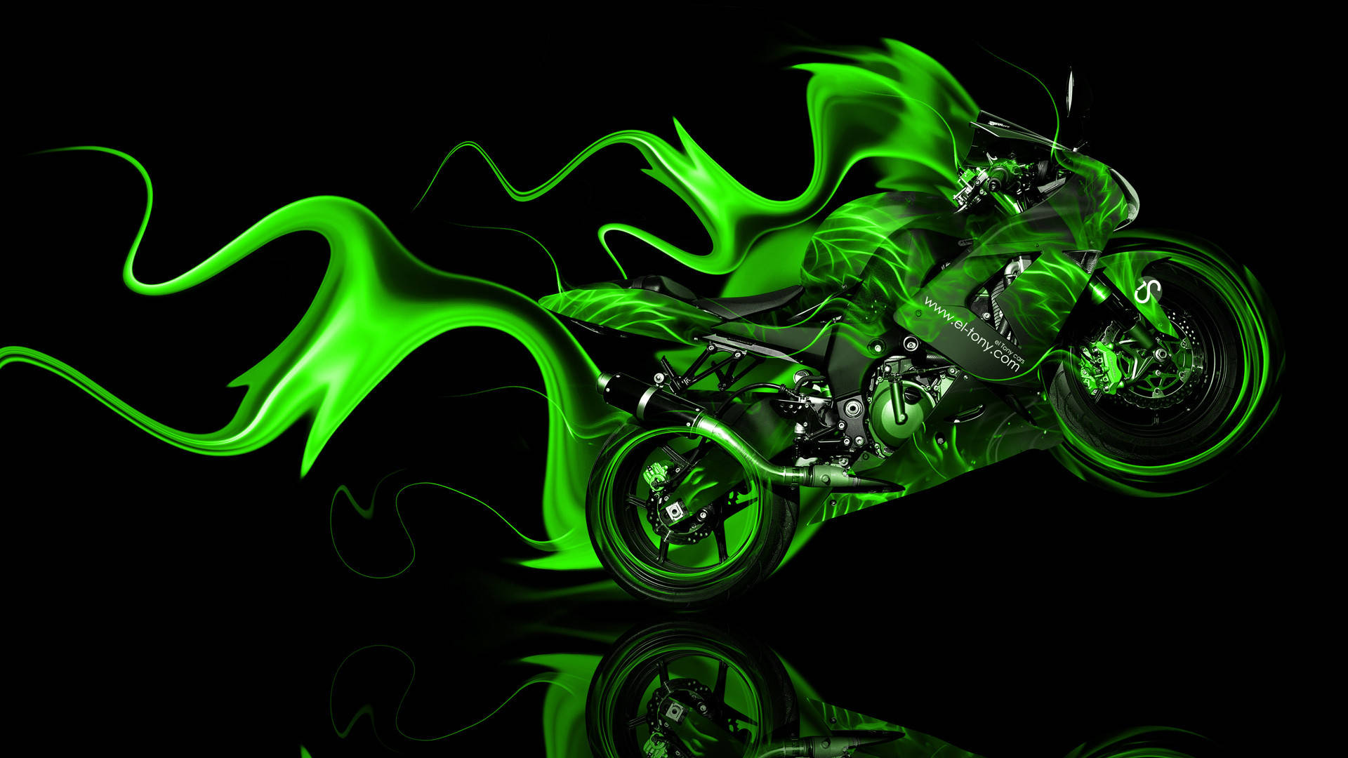 Download Big Bike With Green Fire Wallpaper 
