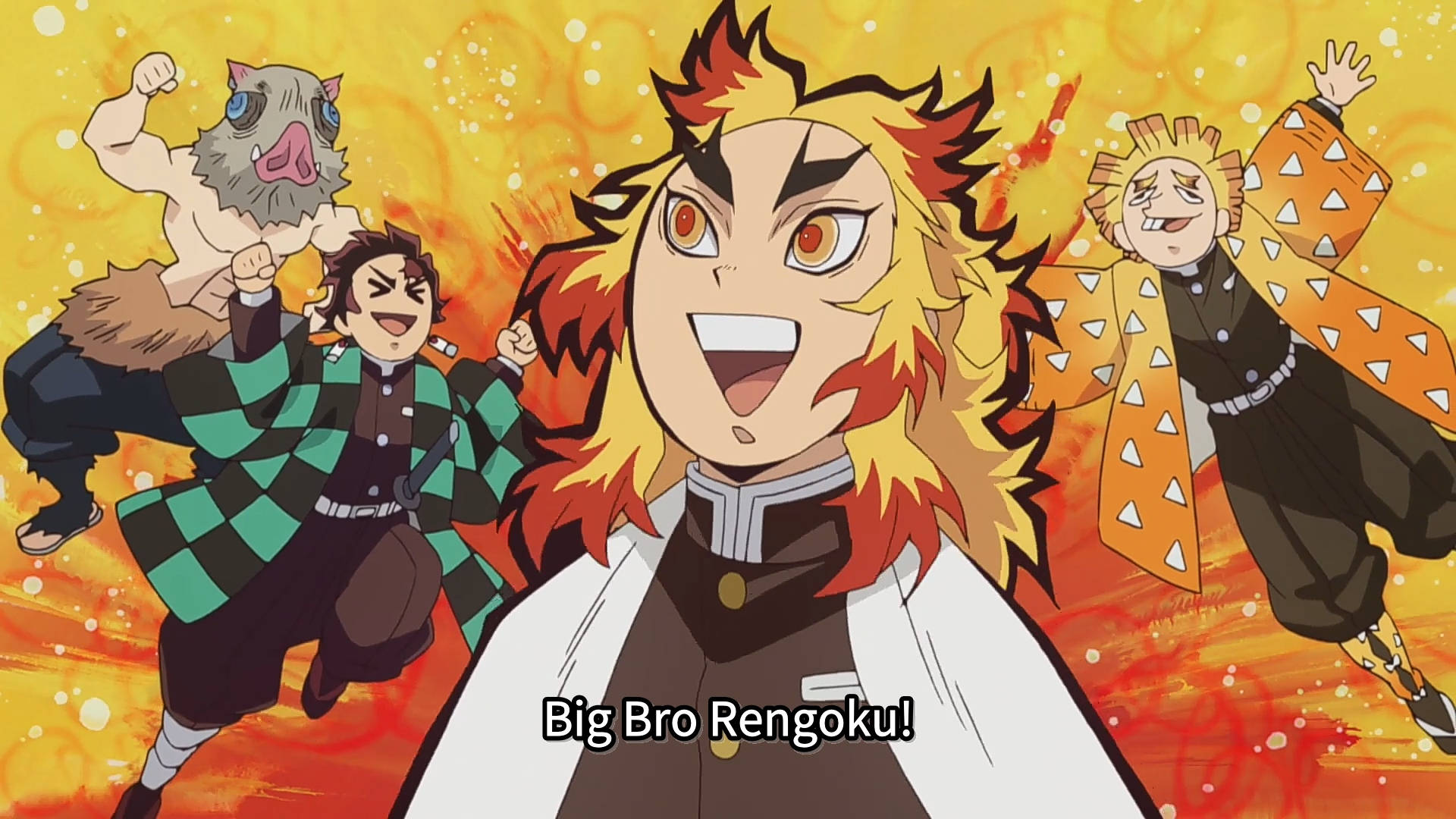 Tanjiro, Zenitsu and Inosuke calling The Flame Hashira as Big Bro Rengoku wallpaper.