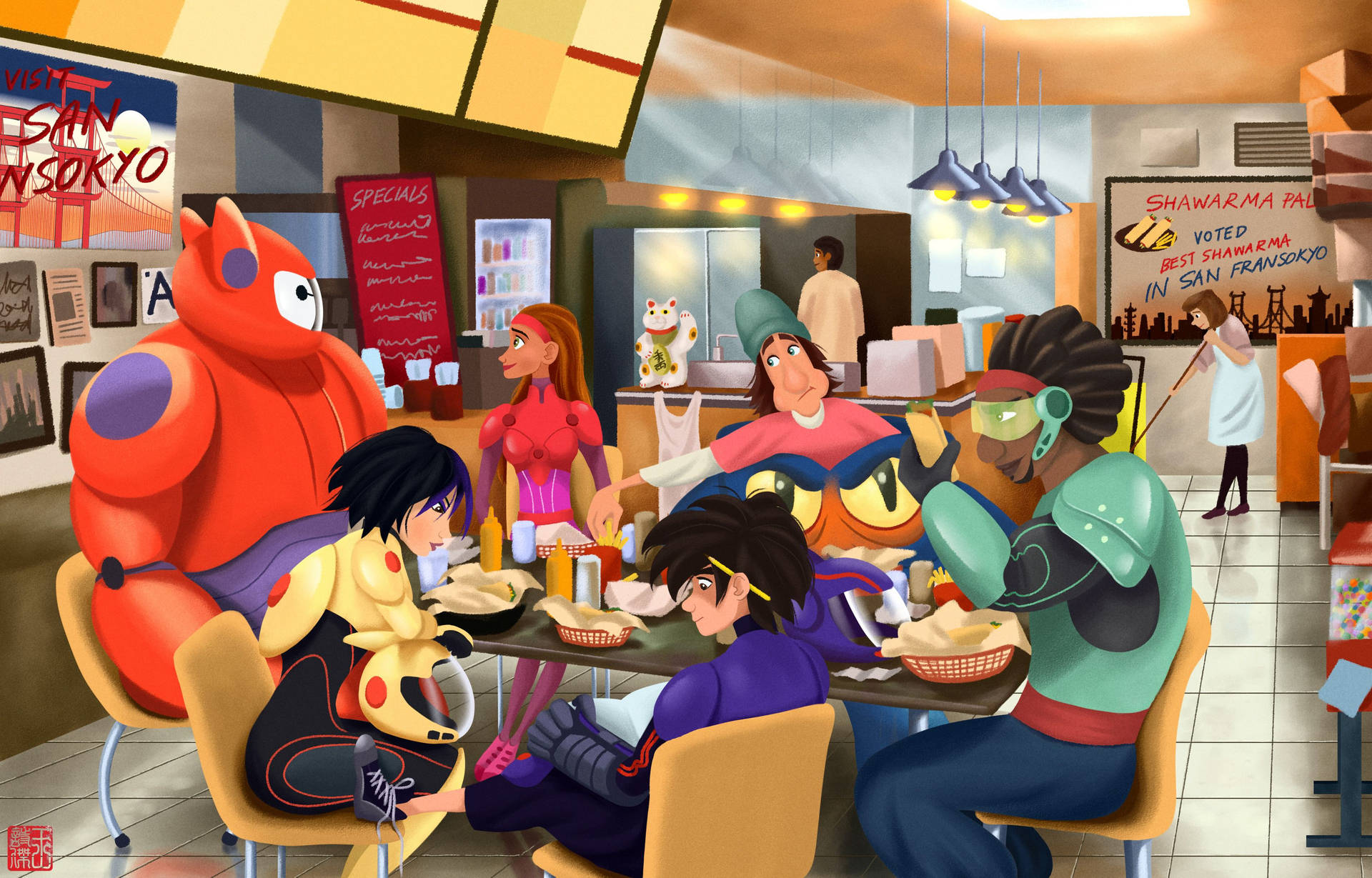Equipode Big Hero 6 Comiendo Shawarma. Fondo de pantalla