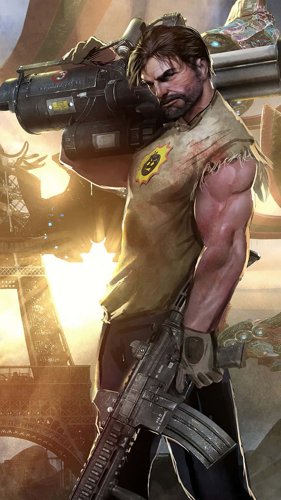 Big Man With A Gun And A Serious Face Wallpaper