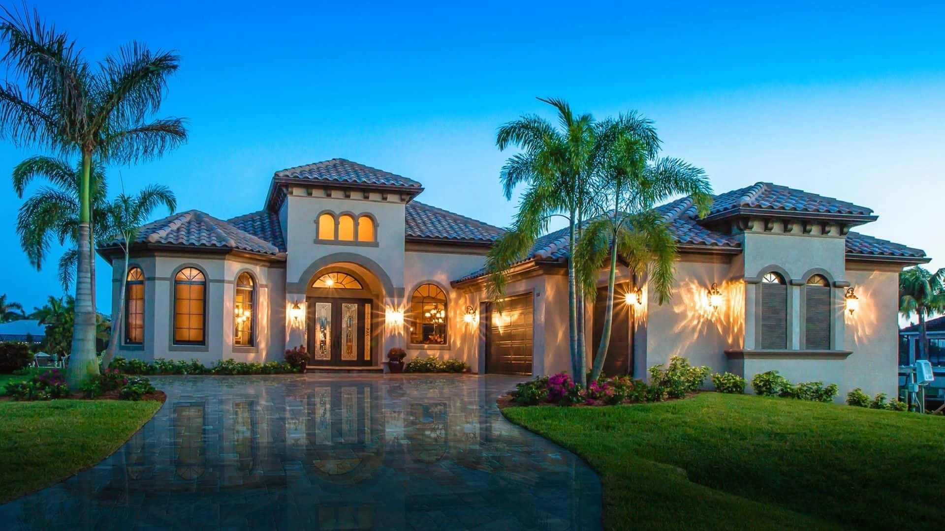 Big Mansion With Palm Trees Wallpaper