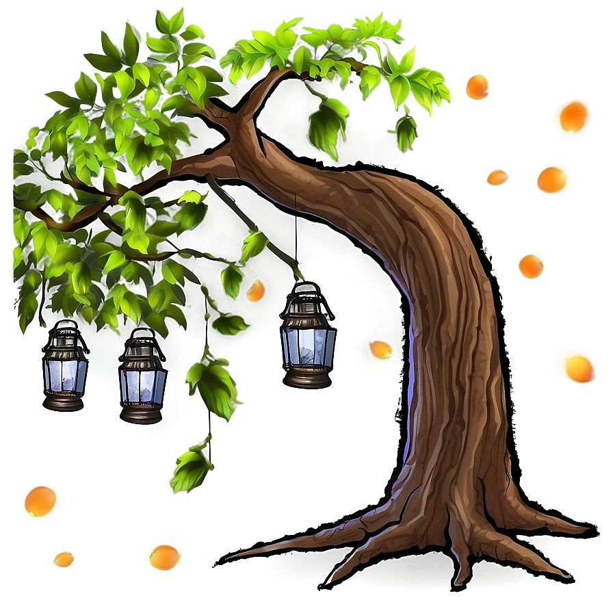 Big Tree With Hanging Lanterns Png Qrc PNG