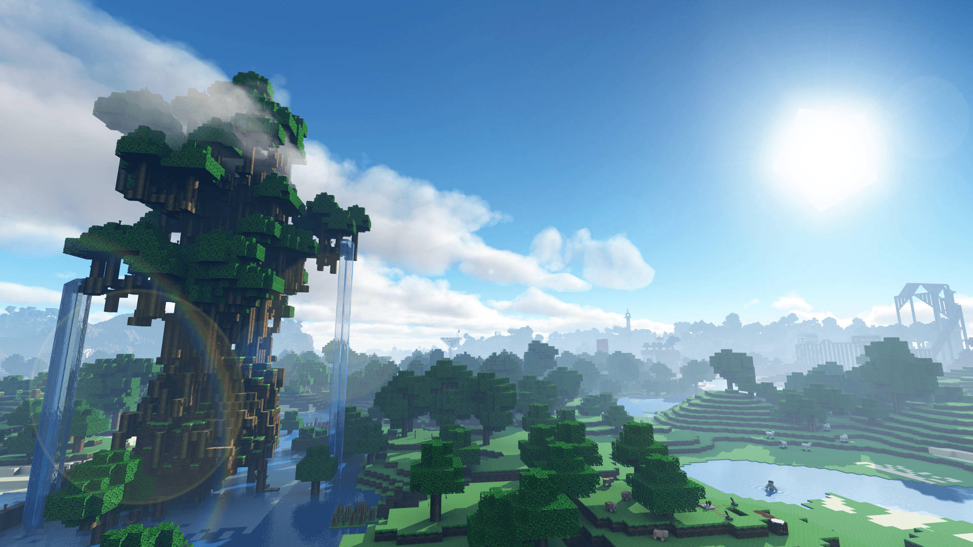 Big Tree With Waterfalls Minecraft Hd