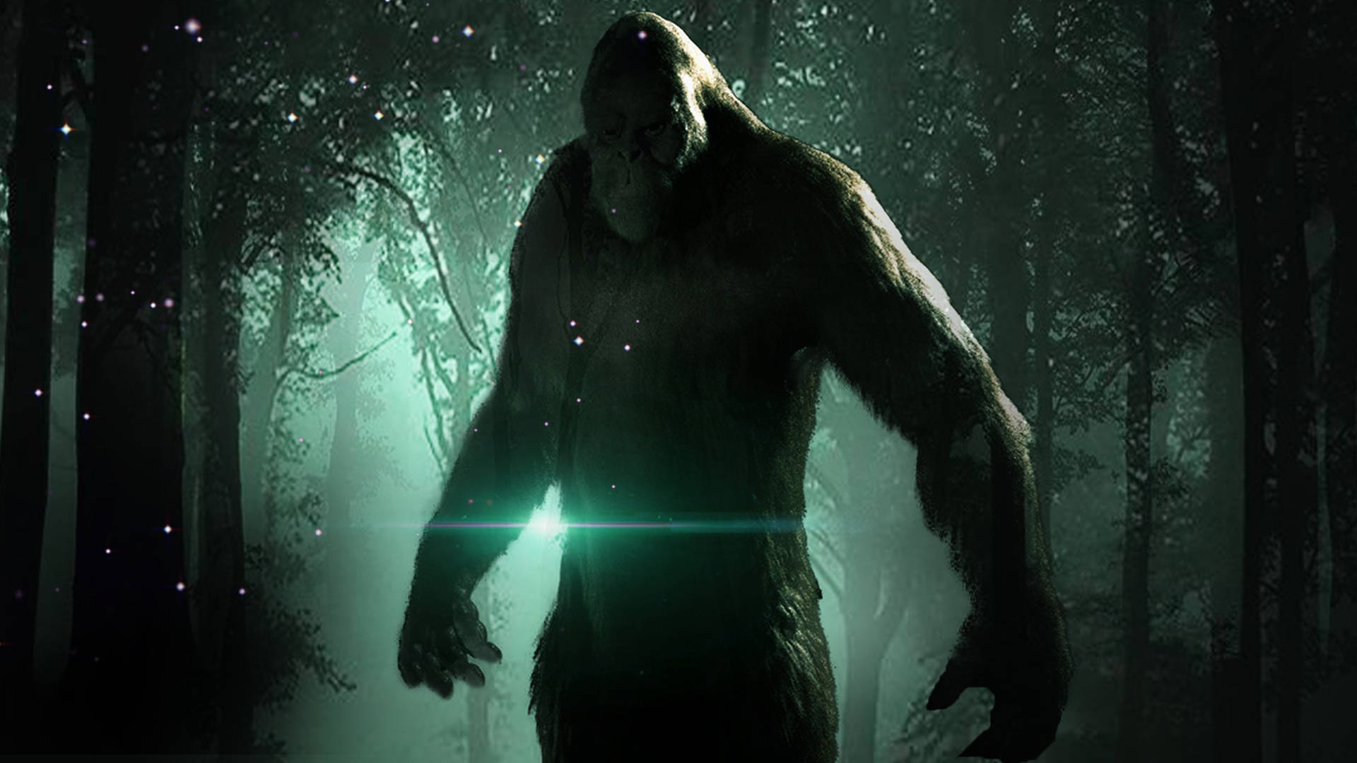 Ombredi Bigfoot Nella Foresta Verde Sfondo