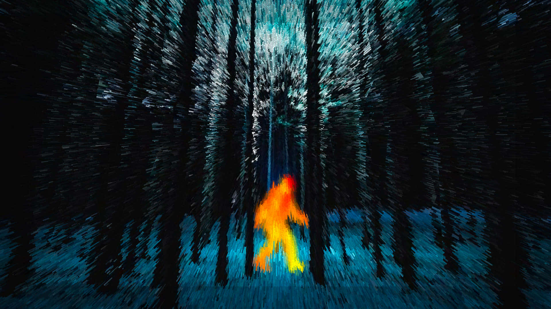 A Person Walking Through A Forest With A Glowing Orange Light