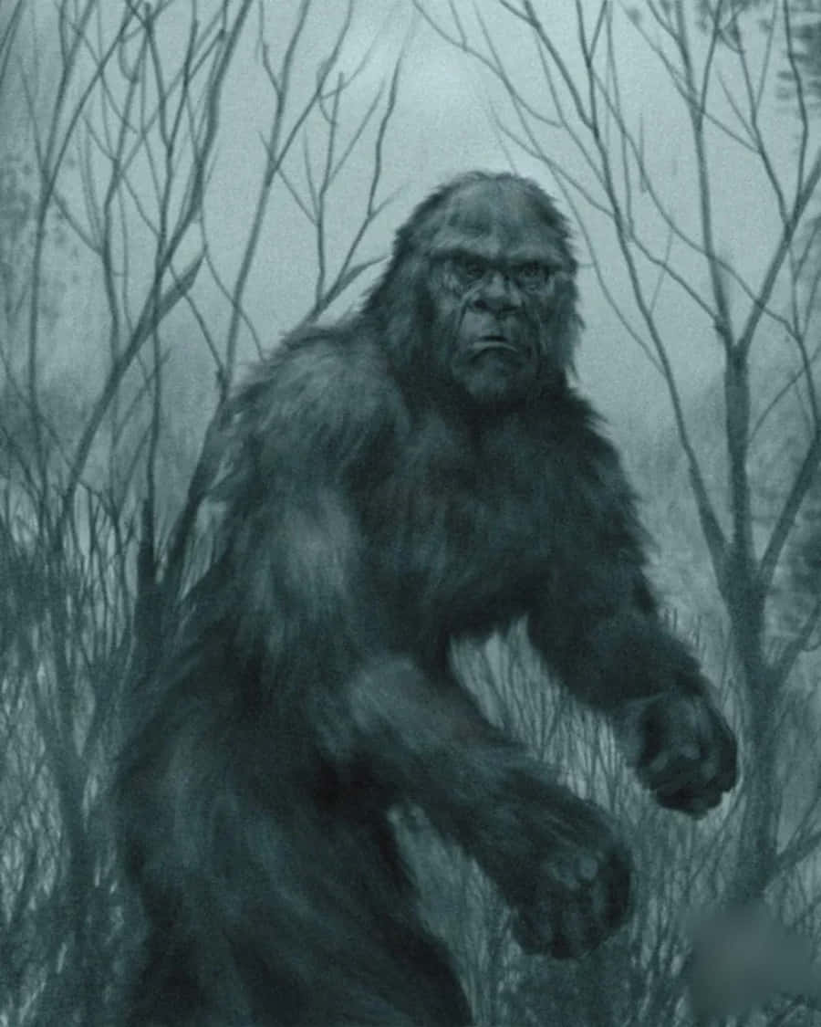 Enmålning Av En Bigfoot Som Går Genom Skogen