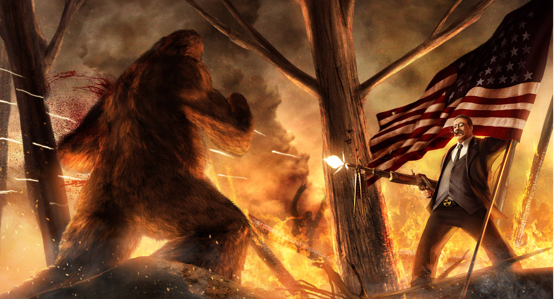 Bigfoot Fighting Man With Gun In Forest Wallpaper