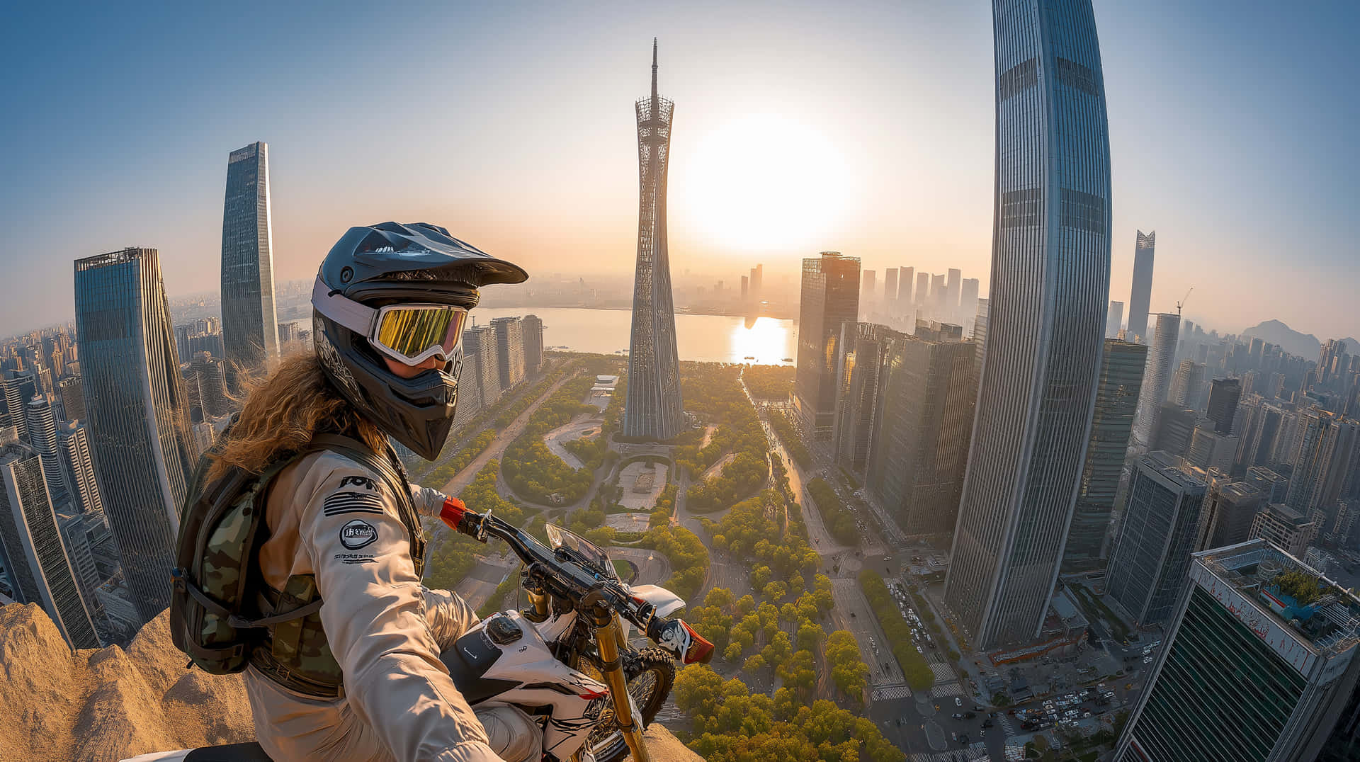 Biker On A Mountaintop Overlooking A Modern City At Sunrise Wallpaper