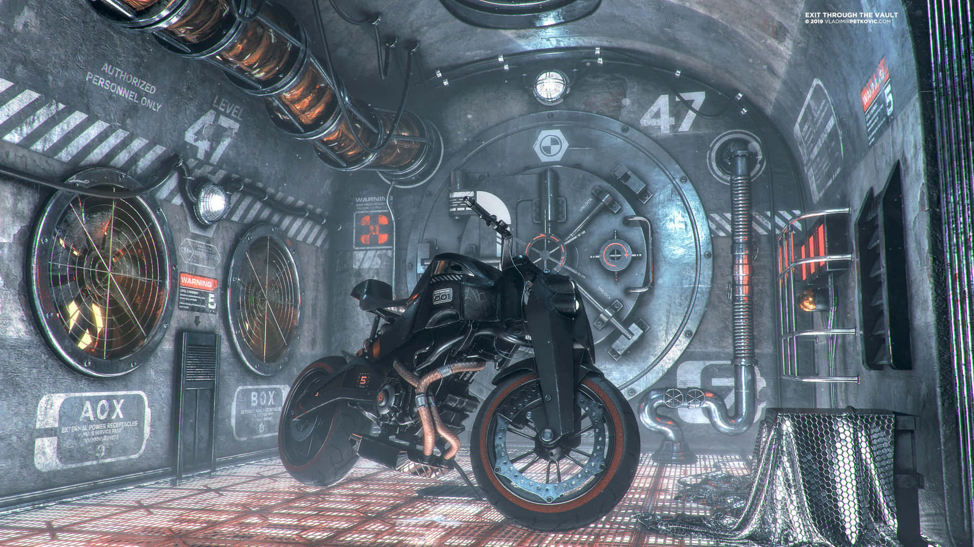 A Motorcycle Is Parked In A Futuristic Looking Room Wallpaper