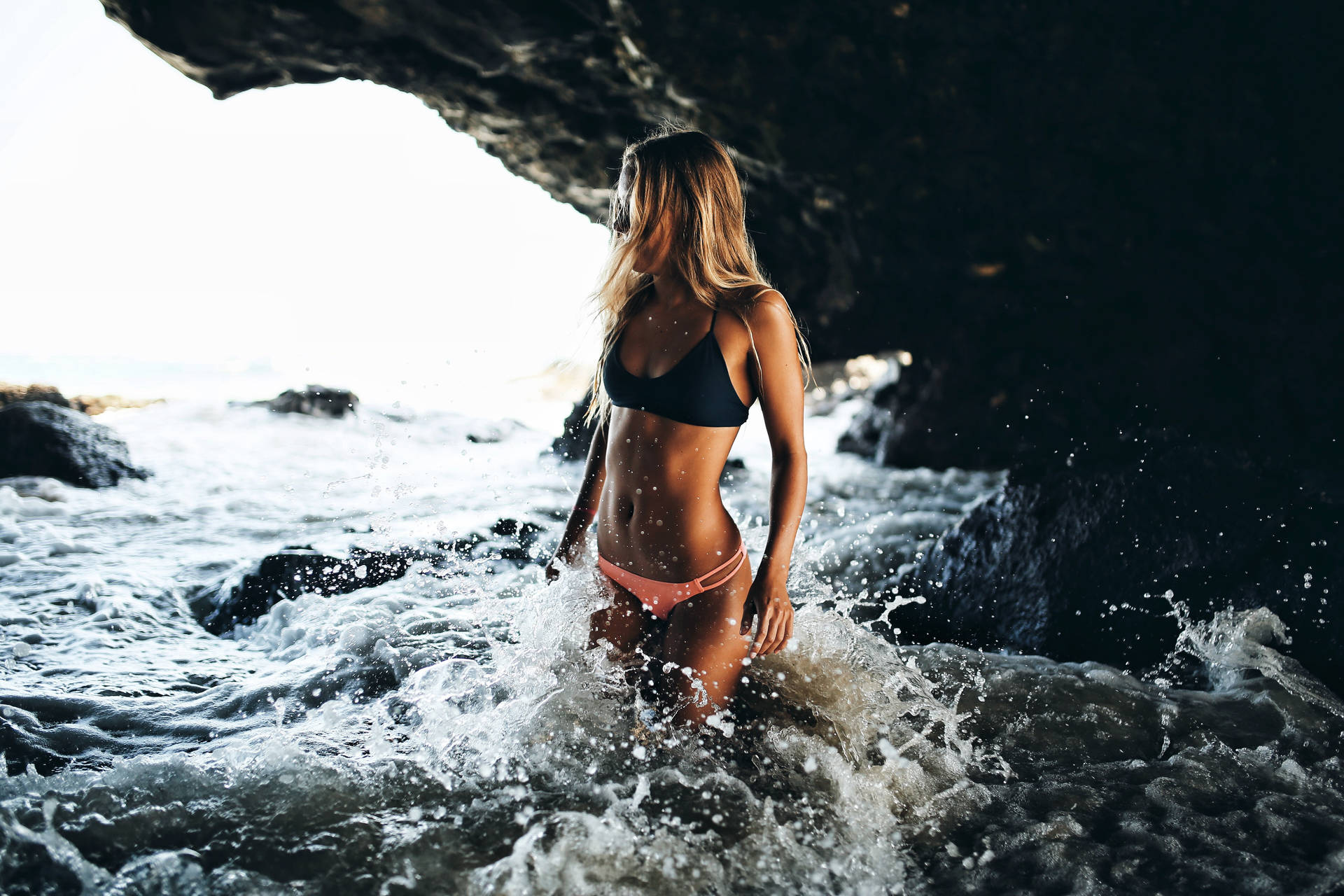 Bikini Girl In Sea Cave Wallpaper