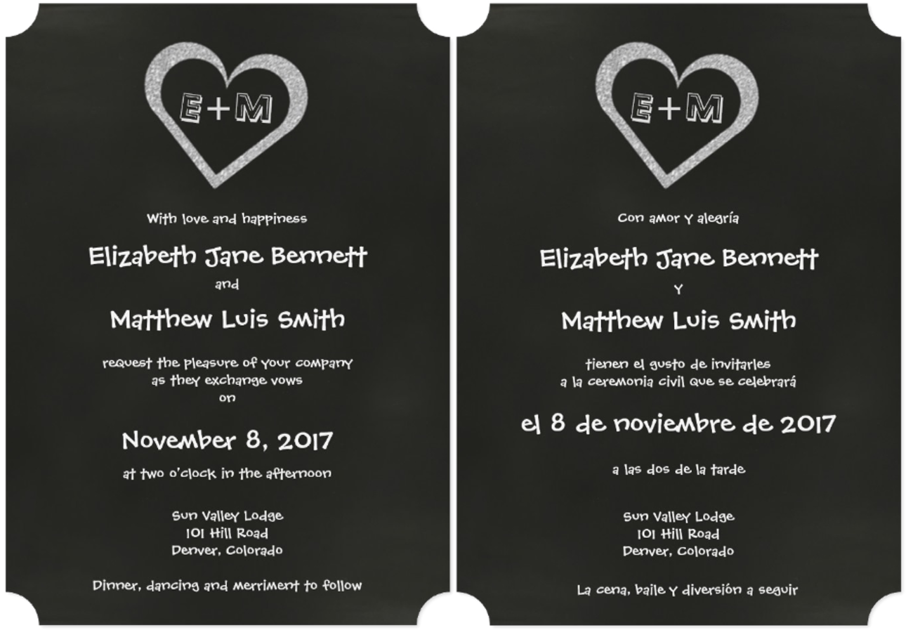 Bilingual Wedding Invitation Black White Heart PNG