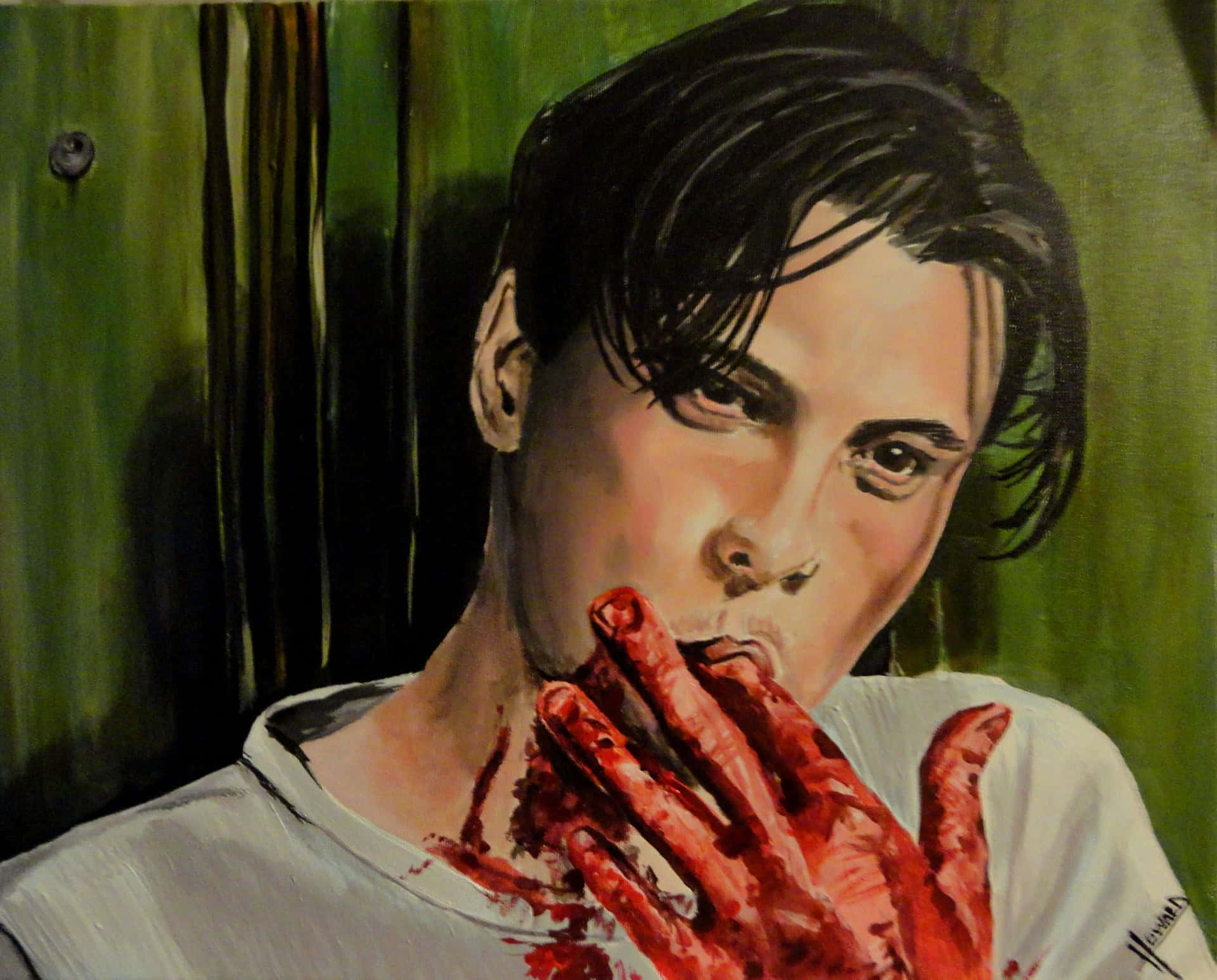Enmålning Av En Man Med Blod På Sina Händer