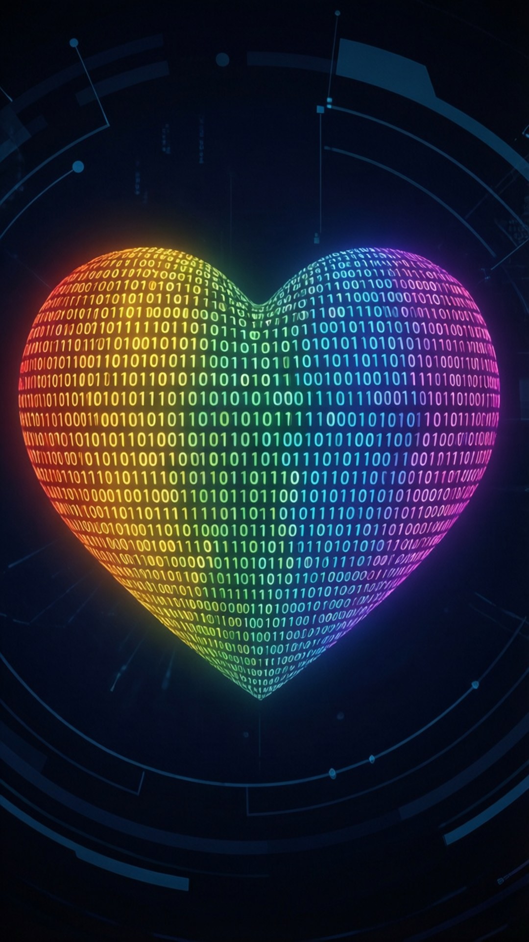 Et digitalt hjerte formet av regnbuefarget binærkode, teknologisk inspirert og futuristisk.