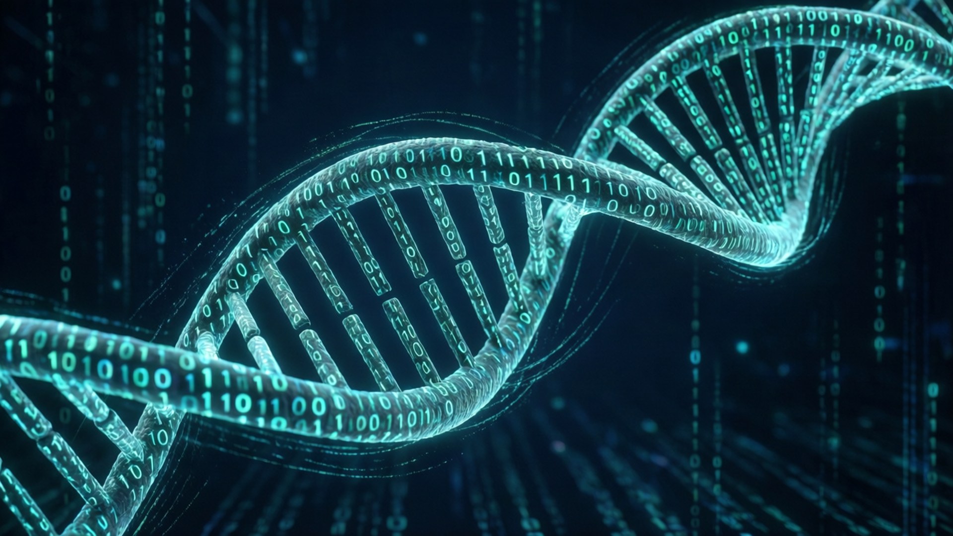 DNA-helix laget av binær kode, som representerer bioinformatikk.