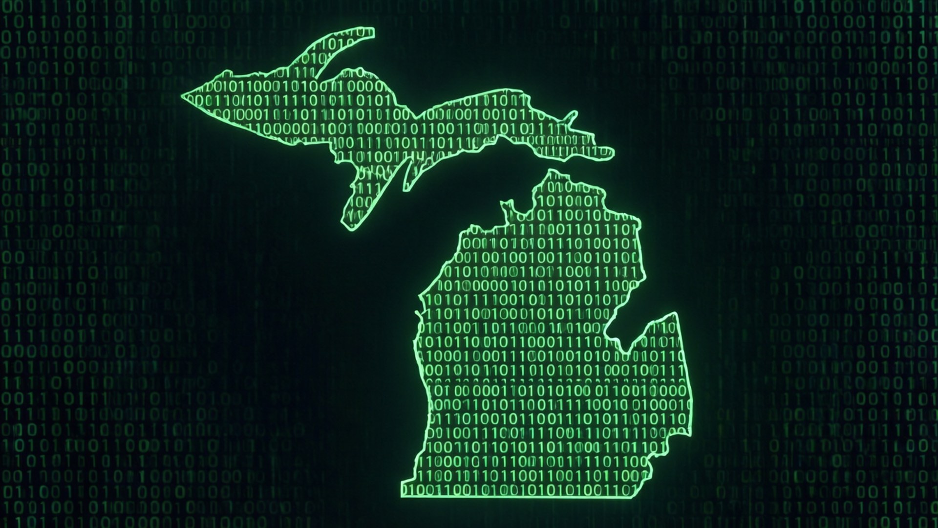 Michigan outline composed of binary code.
