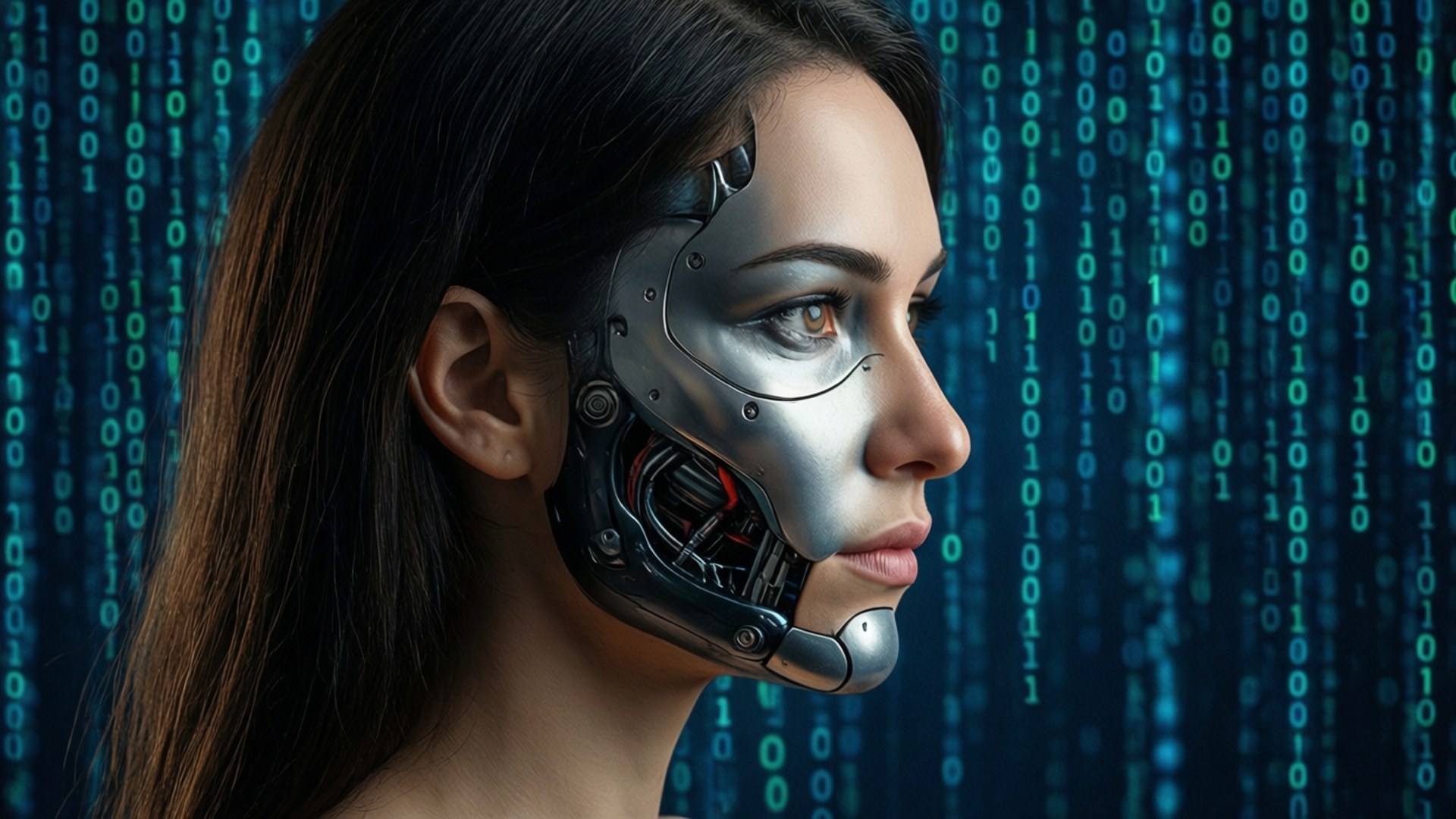 Profil av en falsk kvinne med halvt menneskelige, halvt robotiske trekk mot binær kode.
