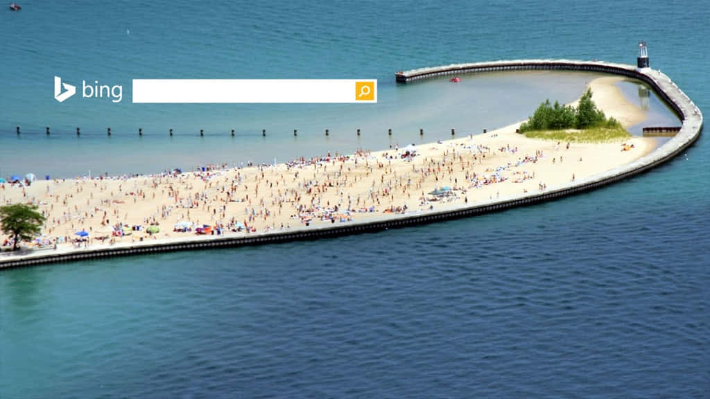 En strand med mennesker på det og et Bing-logo i midten