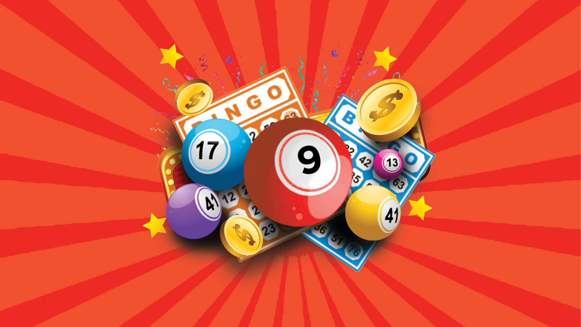 Bingo Balls And Coins On An Orange Background