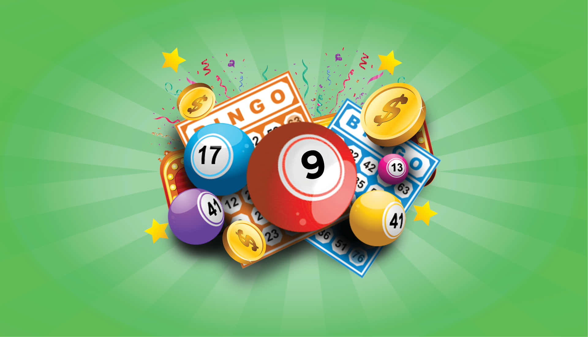 Bingo Balls And Coins On A Green Background