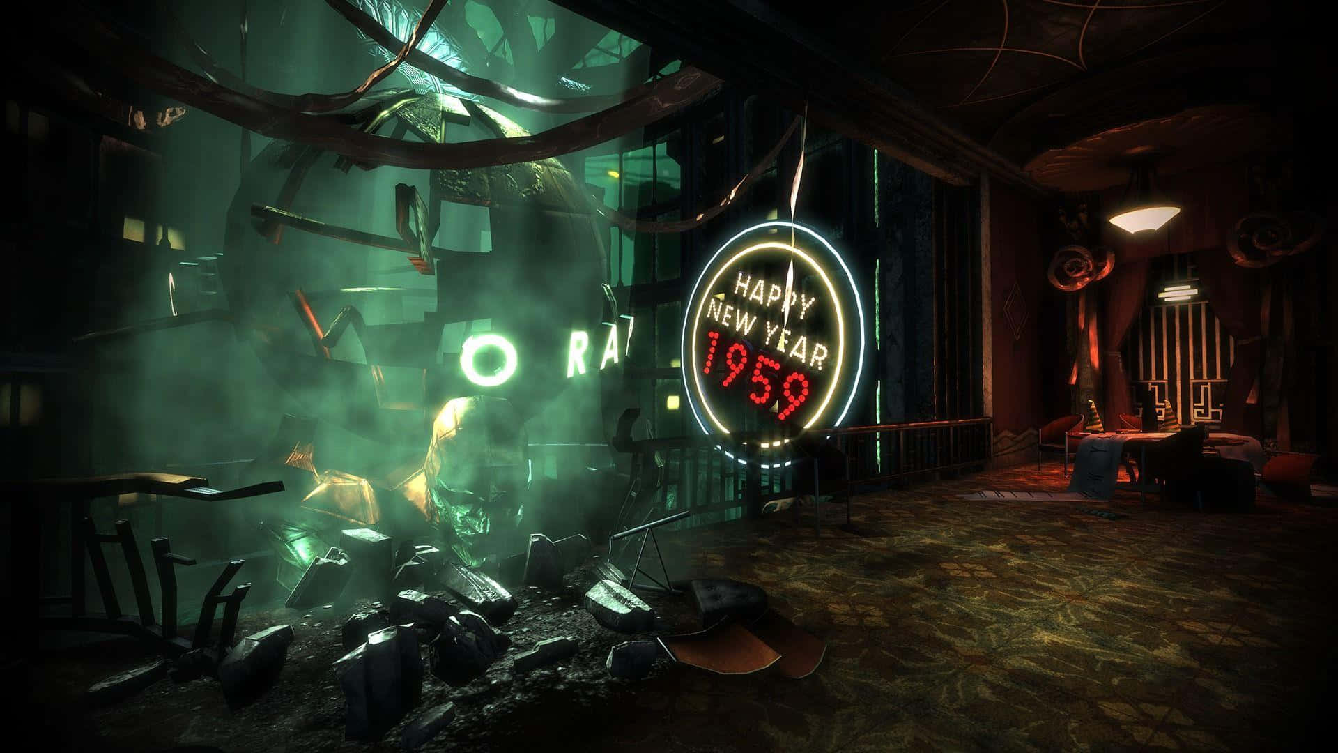 A Dark Room With A Neon Sign And A Clock Wallpaper