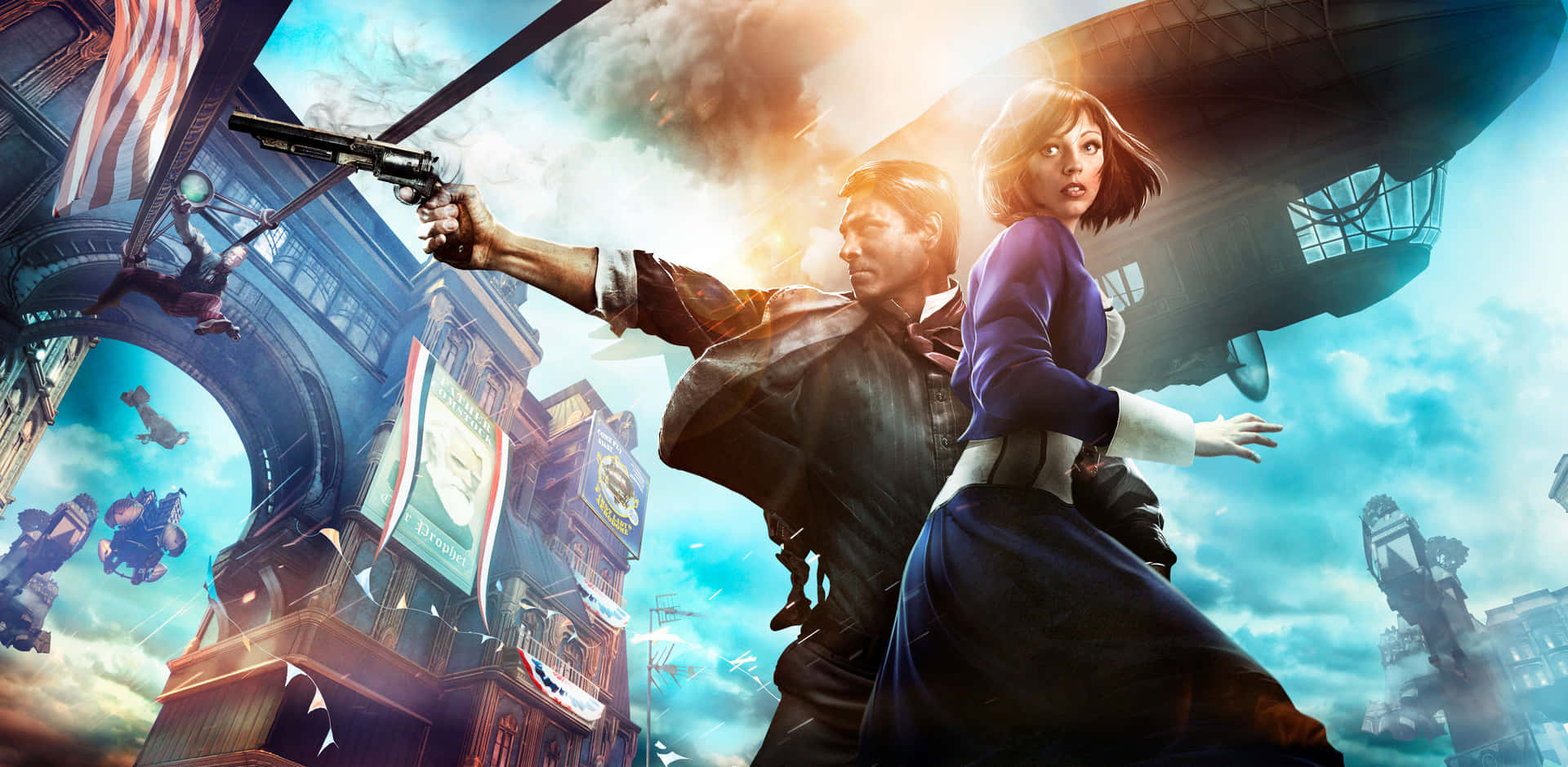 A Man And Woman Holding Guns In Front Of A City Wallpaper