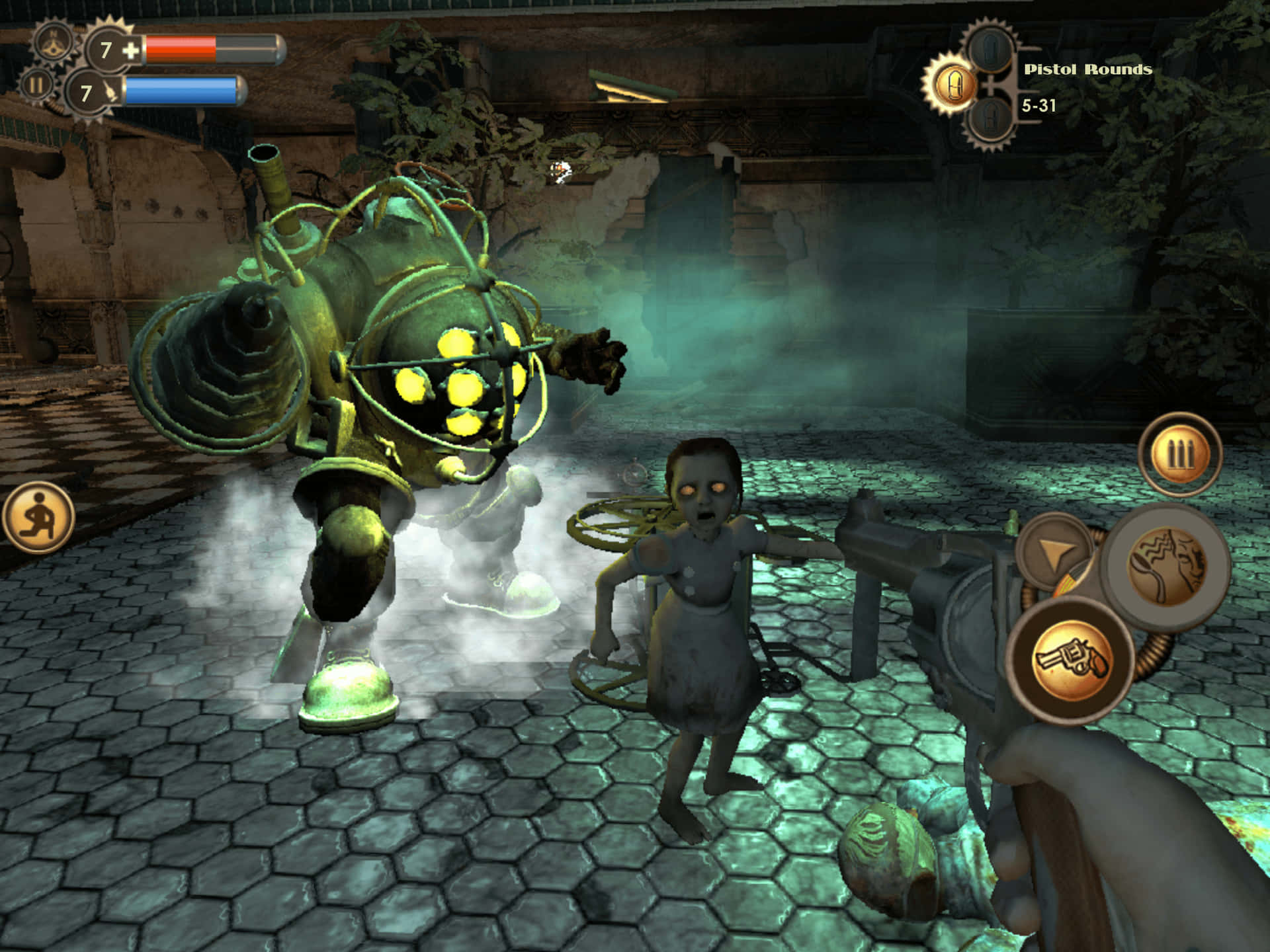 Et screenshot af et spil med et gevær og en kvinde i forgrunden. Wallpaper