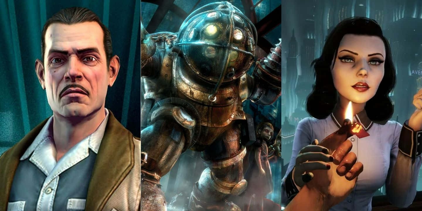 A group of Bioshock characters in a dark, atmospheric setting Wallpaper