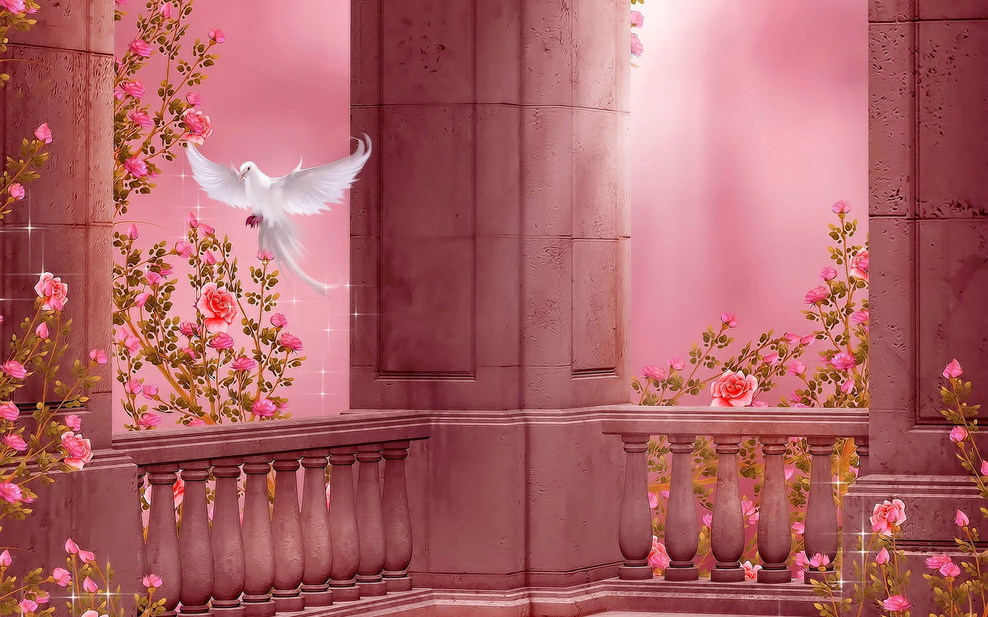 Bird In Enchanted Rose Garden Wallpaper