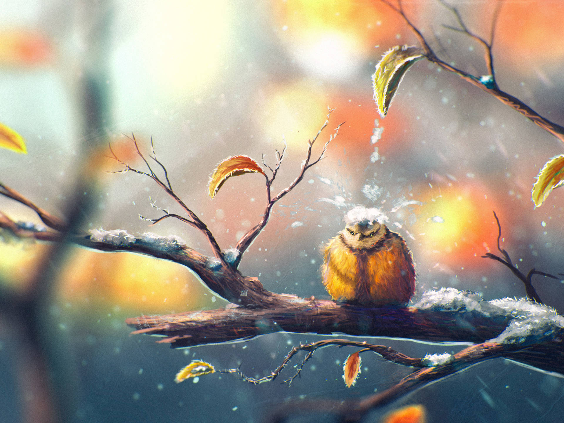 Bird On Tree Painting Desktop Wallpaper