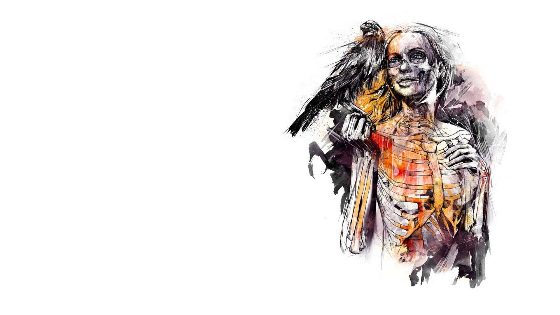 Diedesktop-hintergrund Mit Vogel Und Dem Skelett Einer Frau Wallpaper