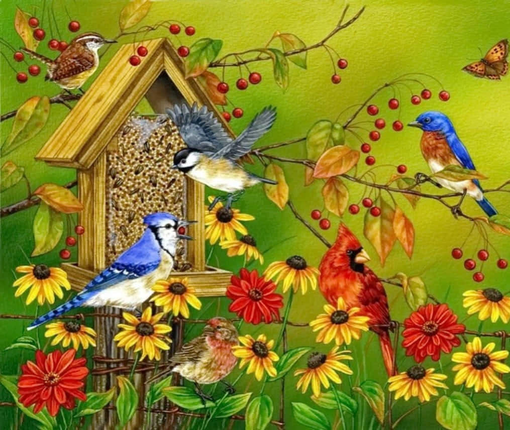 Uncoro De Pájaros Cantando En Un Exuberante Bosque. Fondo de pantalla